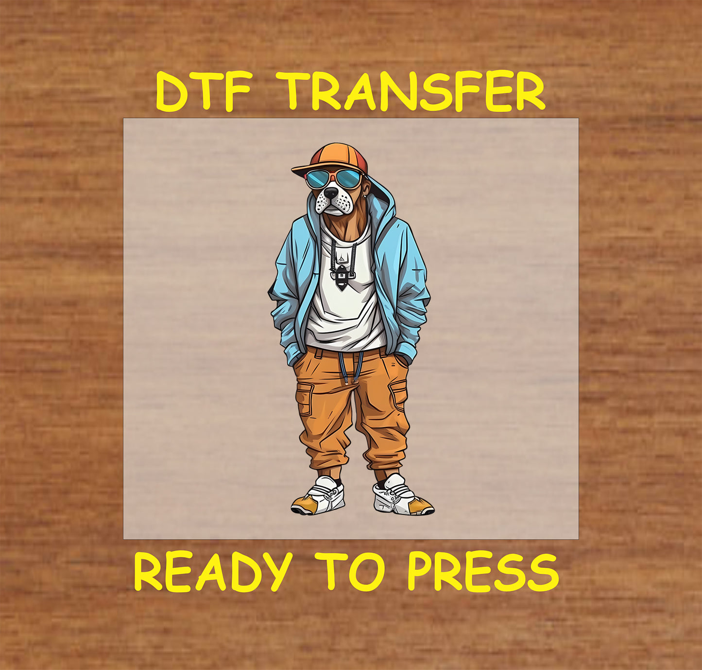 Dog in a blue jacket, orange cap, and sunglasses with an urban streetwear look.