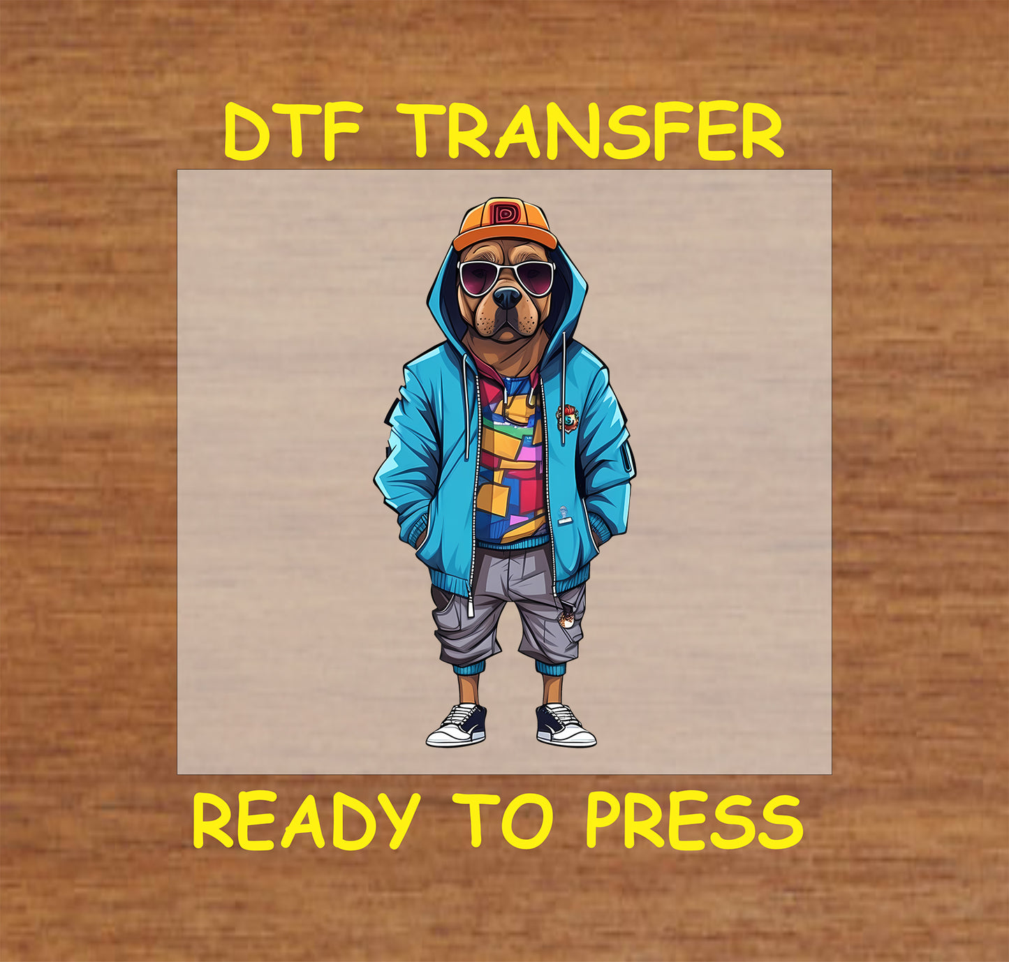 Dog in a blue hoodie, geometric shirt, gray shorts, and sunglasses with a streetwear look.