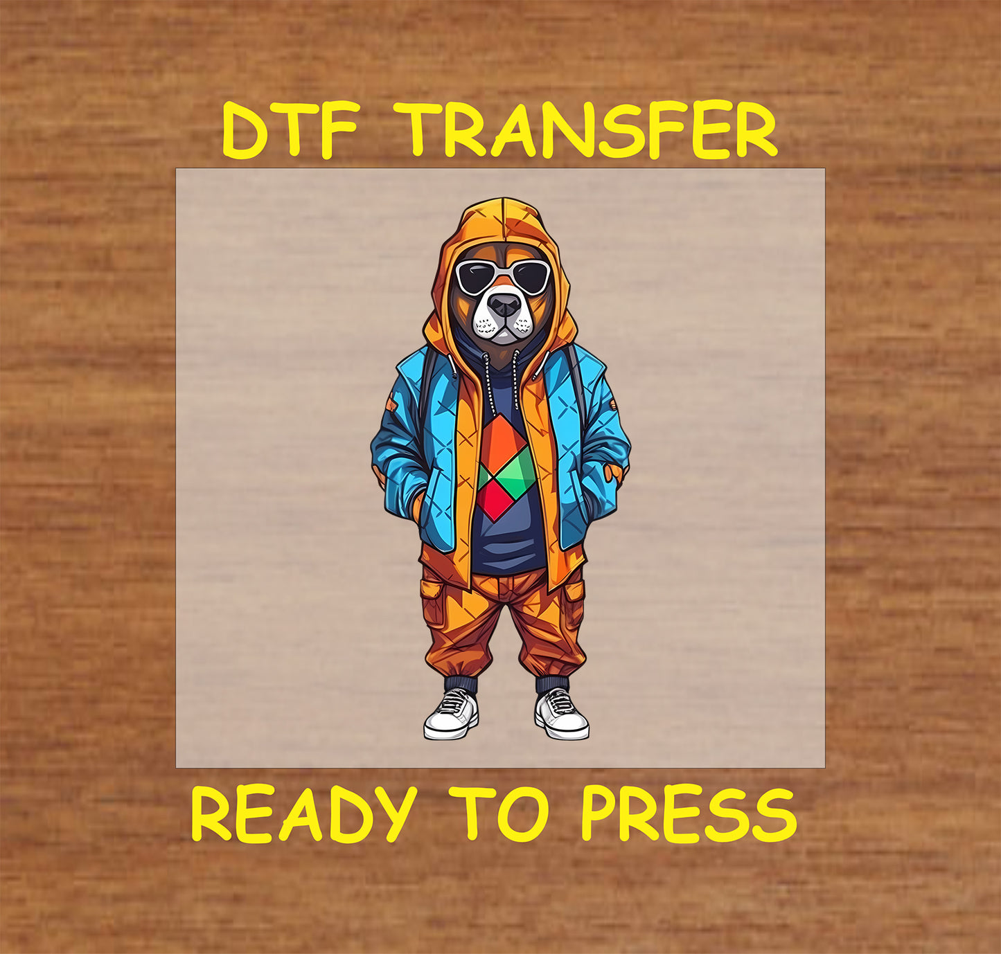 Dog in urban streetwear with a hoodie, sunglasses, and a geometric-patterned shirt, DTF transfer.