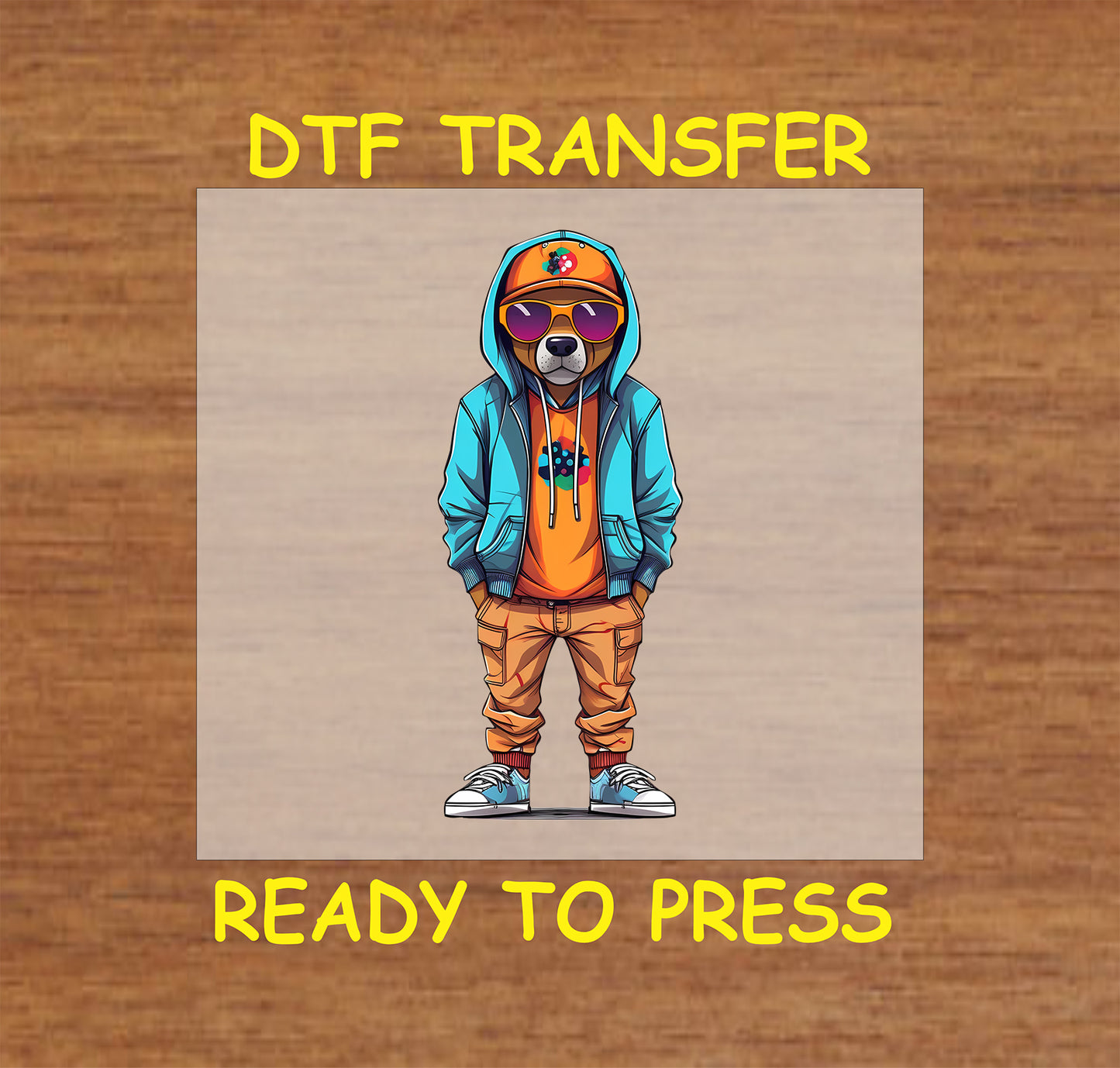 Dog in urban streetwear with a hoodie, sunglasses, and cap, DTF transfer.