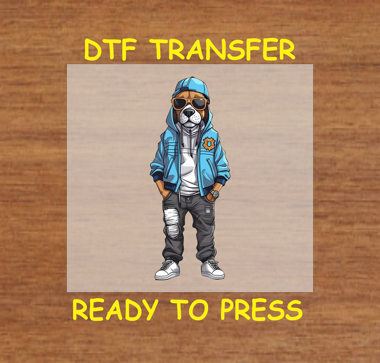 Dog in urban streetwear with a hoodie, sunglasses, and stylish outfit, DTF transfer.