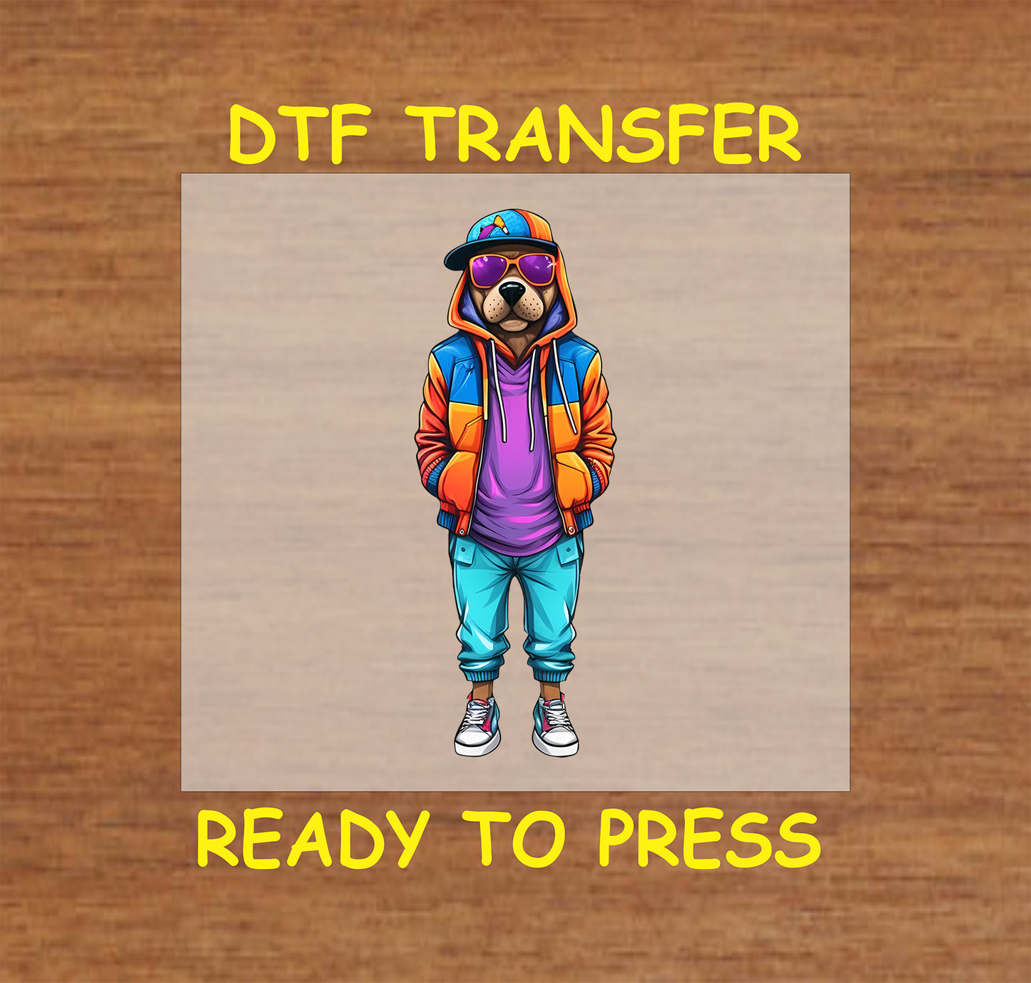 Dog in colorful streetwear with a hoodie, sunglasses, and cap, DTF transfer.