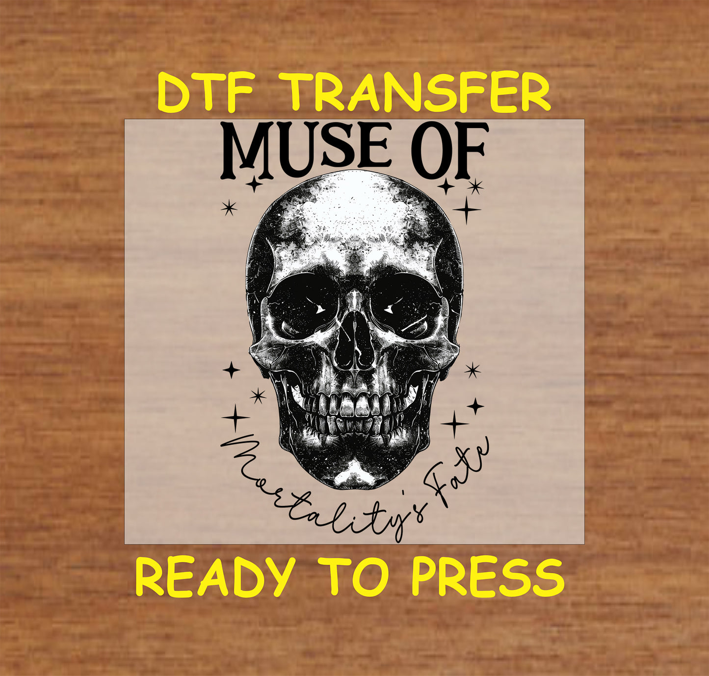 Gothic skull with celestial elements and "Muse of Mortality" text, DTF transfer.