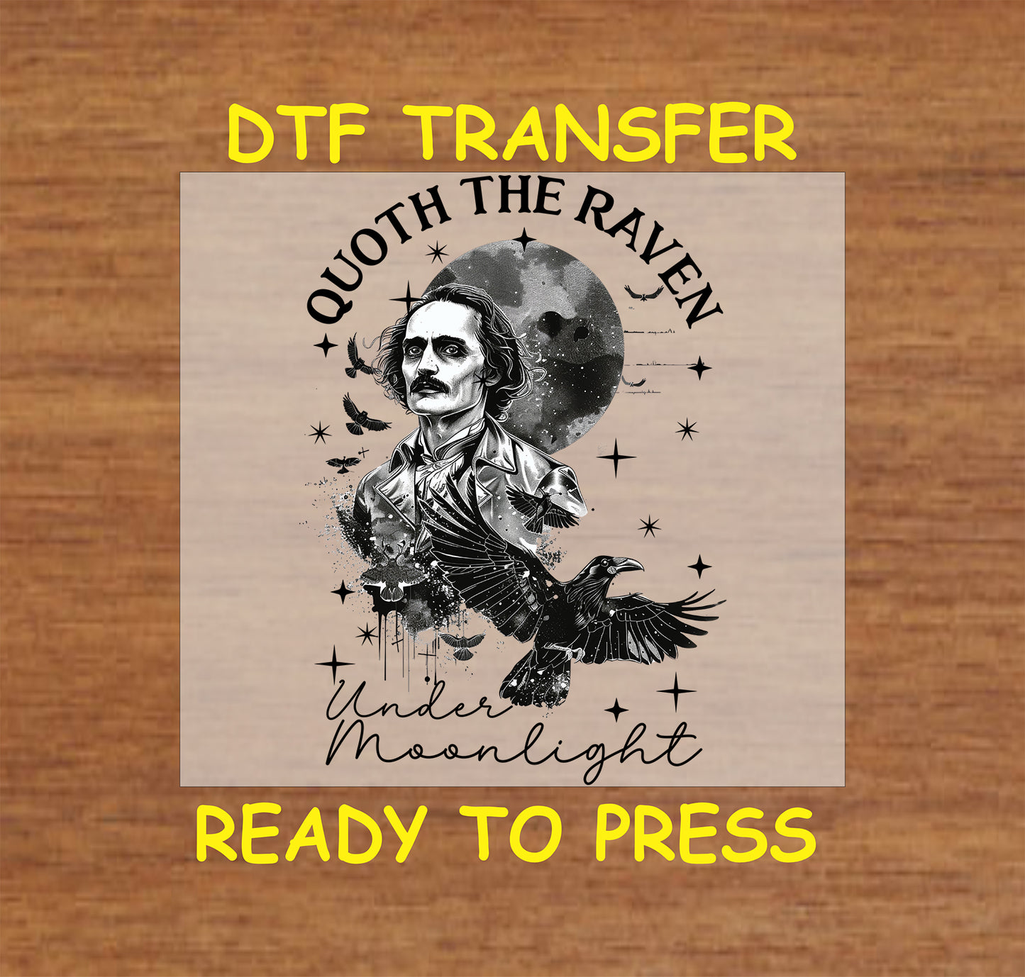 Edgar Allan Poe with a raven and moonlit gothic background, DTF transfer.