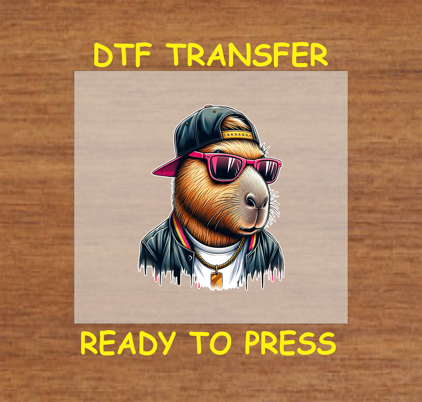 Capybara wearing a backward cap, sunglasses, and a gold chain.