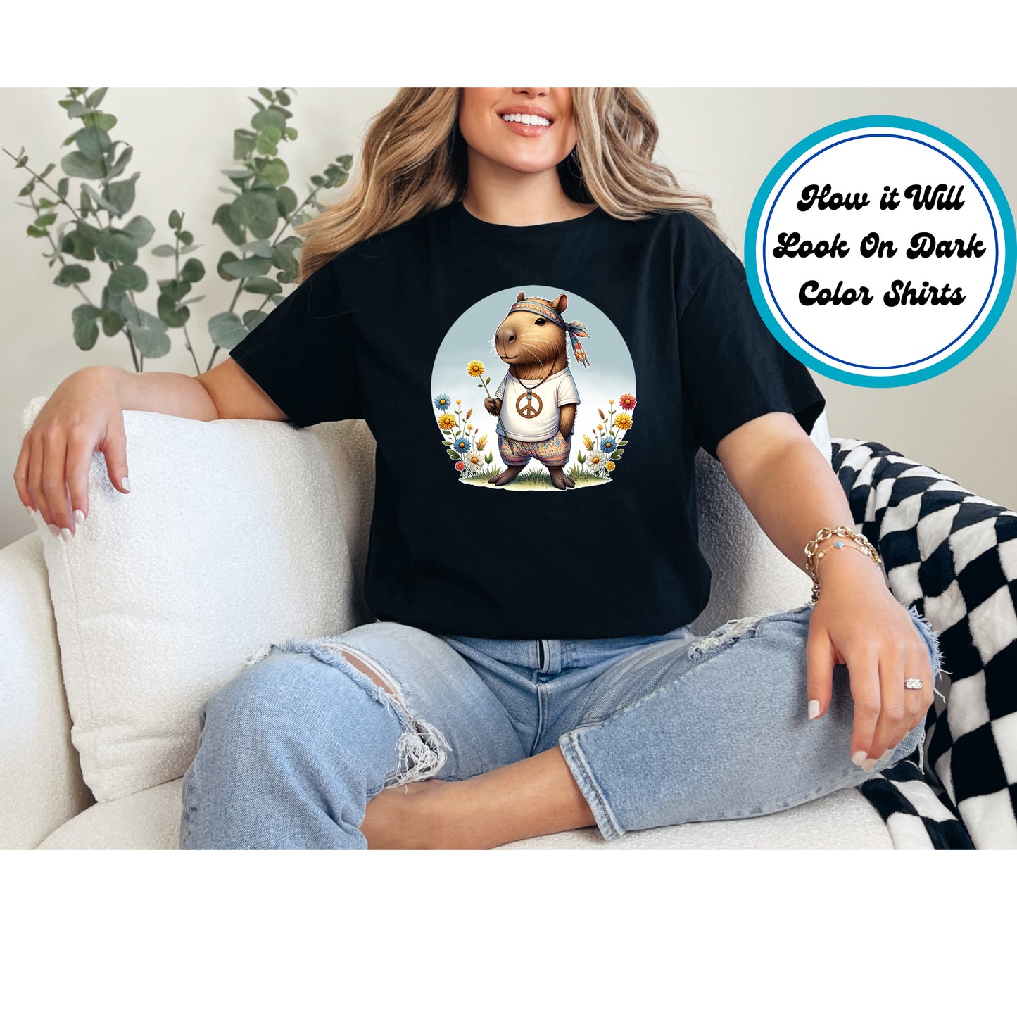 Capybara wearing hippie clothes, peace sign necklace, and holding a flower.