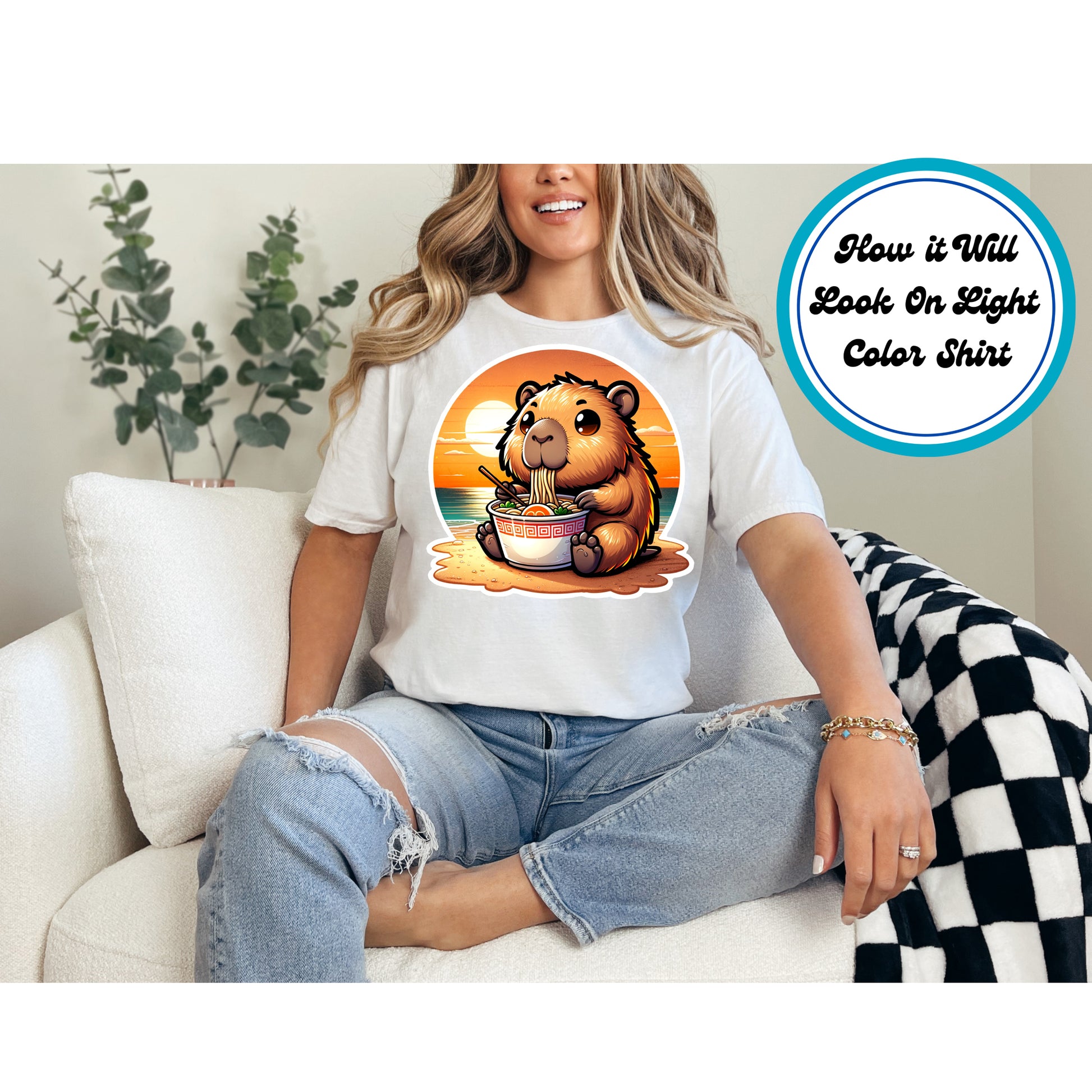 Capybara eating ramen on the beach at sunset with a warm, tropical vibe.