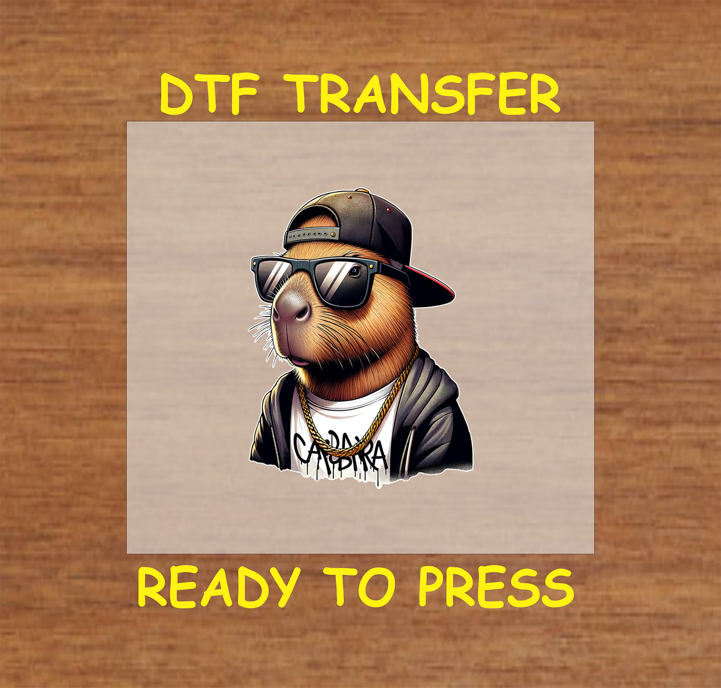 Cool capybara wearing sunglasses, a snapback, and a gold chain in hip-hop style.