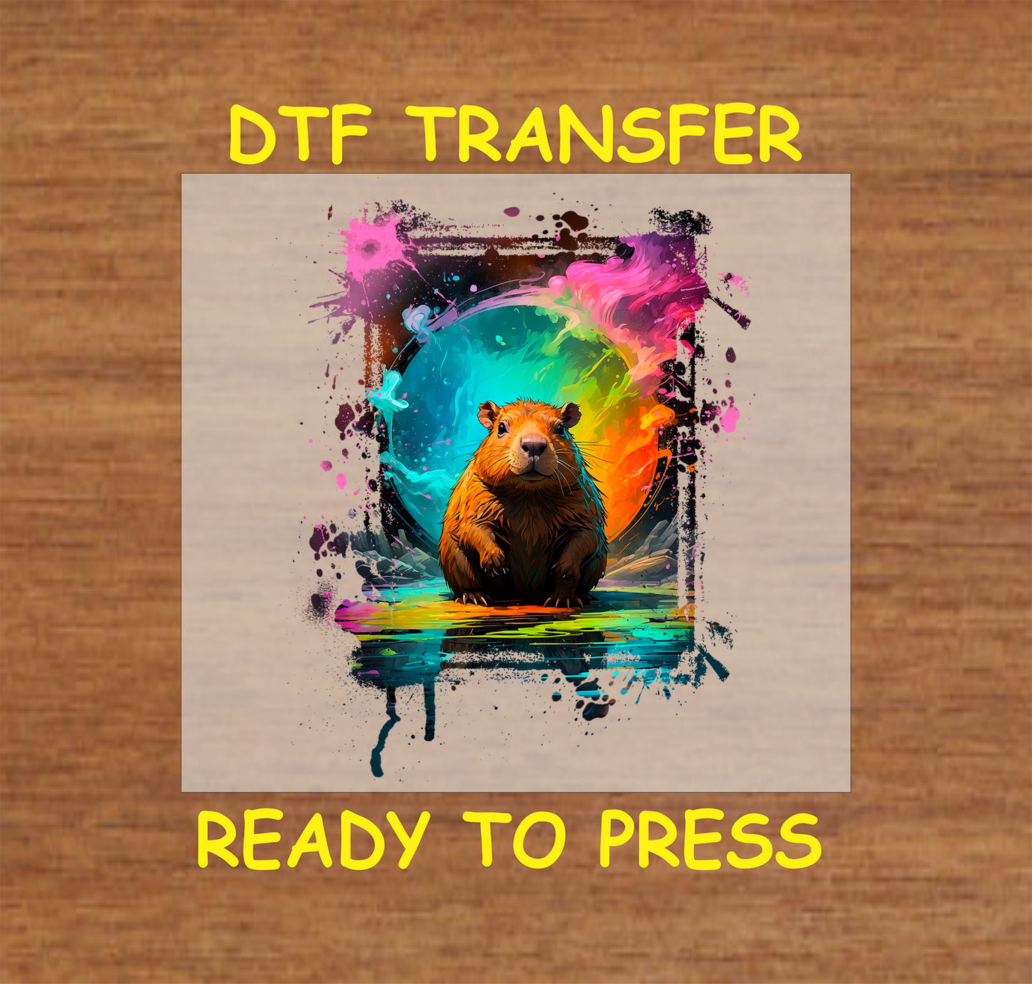Capybara sitting near water with a vibrant, colorful cosmic background.