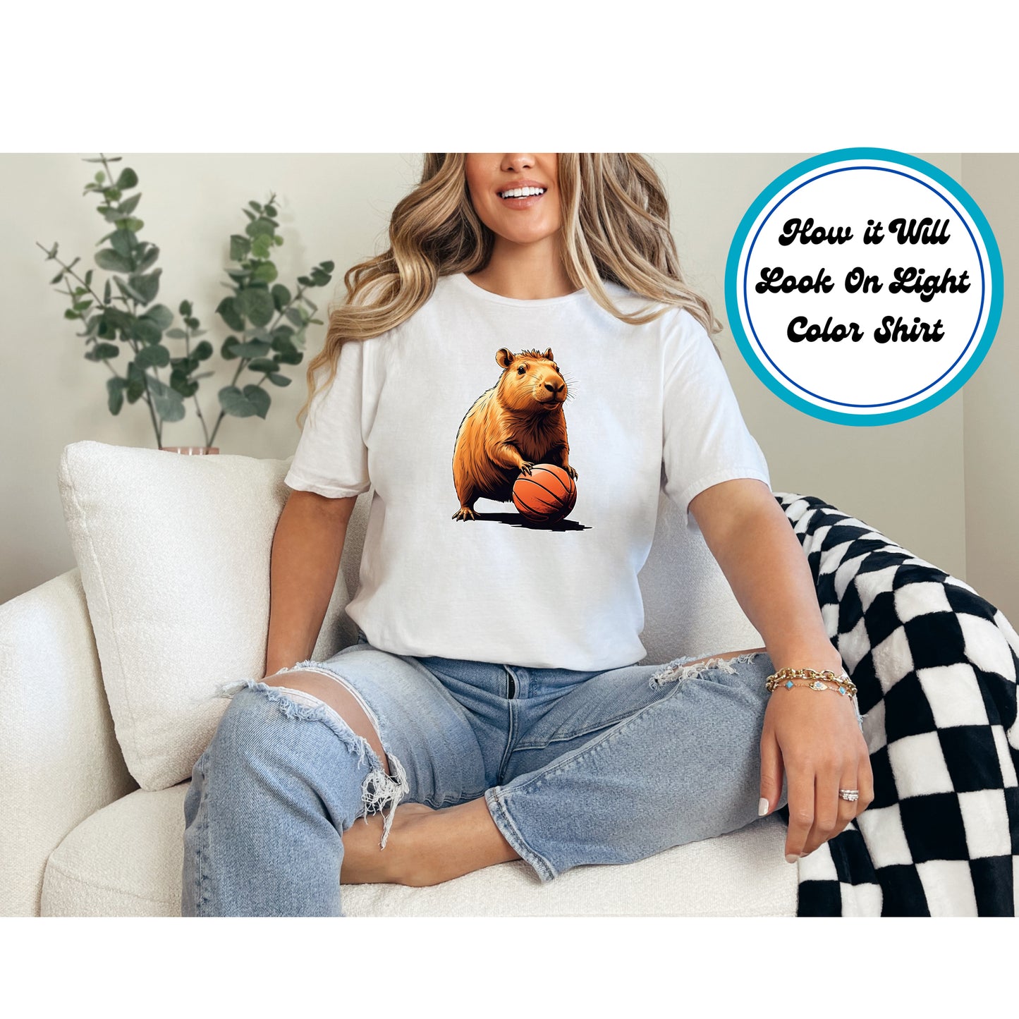 Capybara standing with a basketball, fun sports-themed design.
