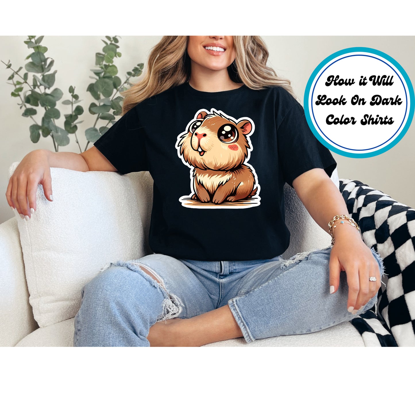 Kawaii chibi capybara with big sparkling eyes and a cheerful expression, outlined in white.
