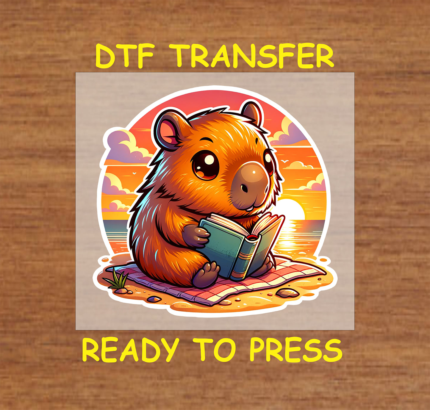 Cute capybara reading a book on the beach with a sunset background.