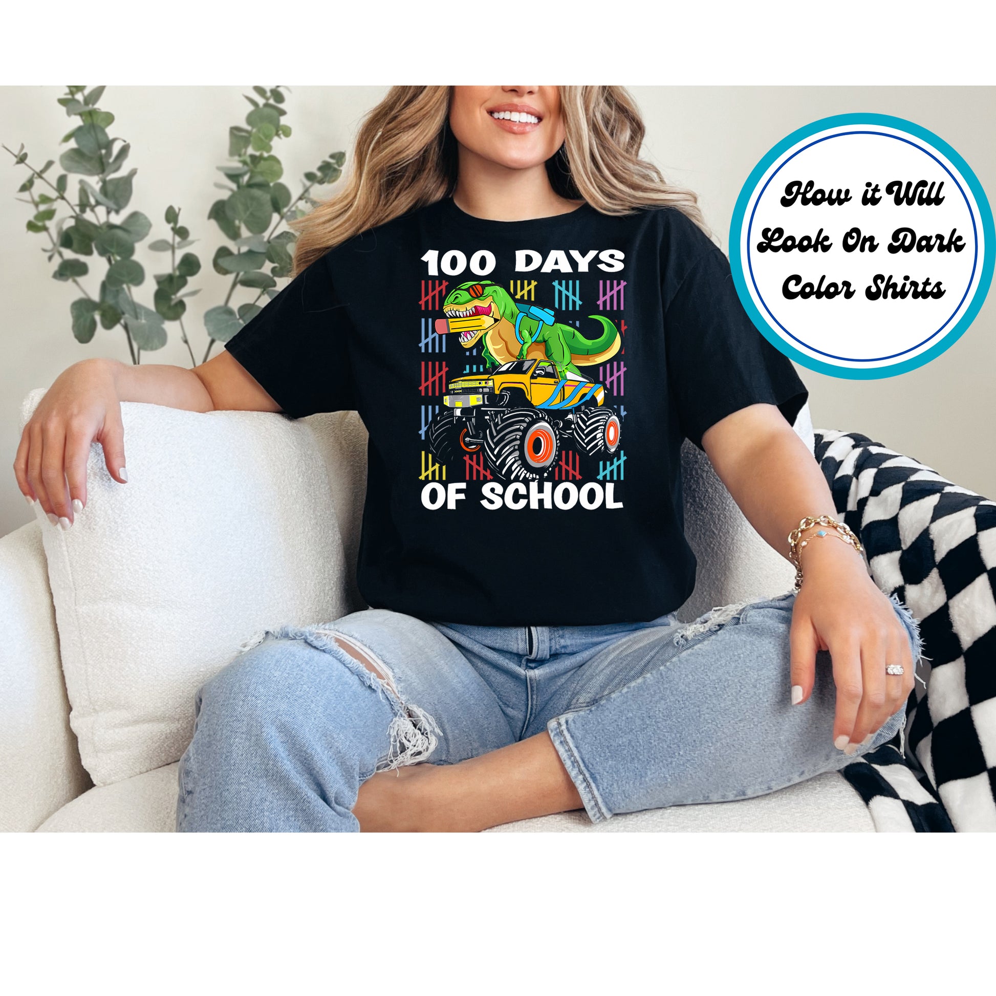 "100 Days of School" DTF transfer featuring a T-Rex on a yellow monster truck with colorful tally marks.