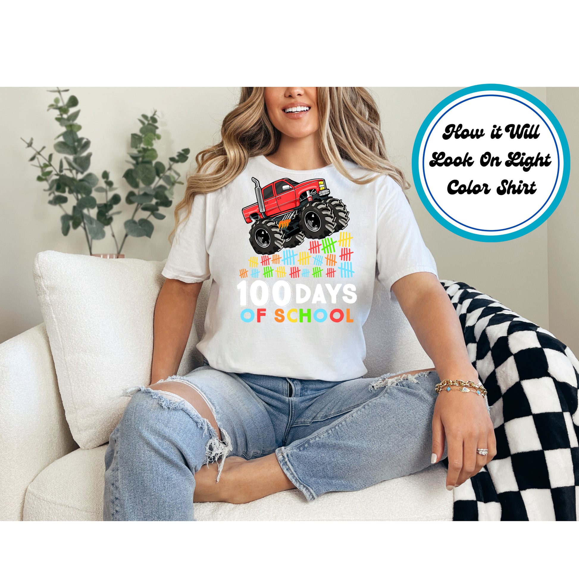 "100 Days of School" DTF transfer with a red monster truck and colorful tally marks.