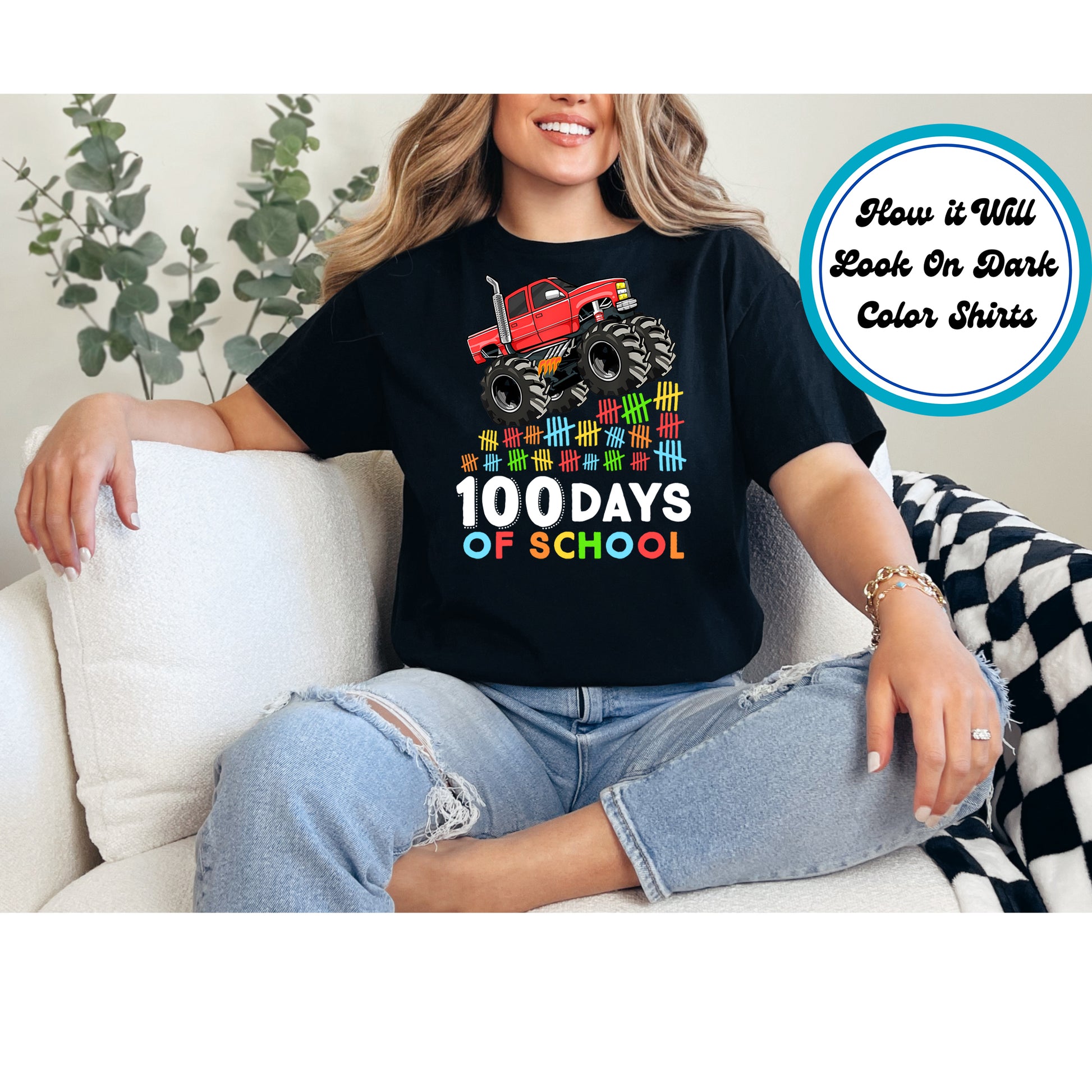 "100 Days of School" DTF transfer with a red monster truck and colorful tally marks.