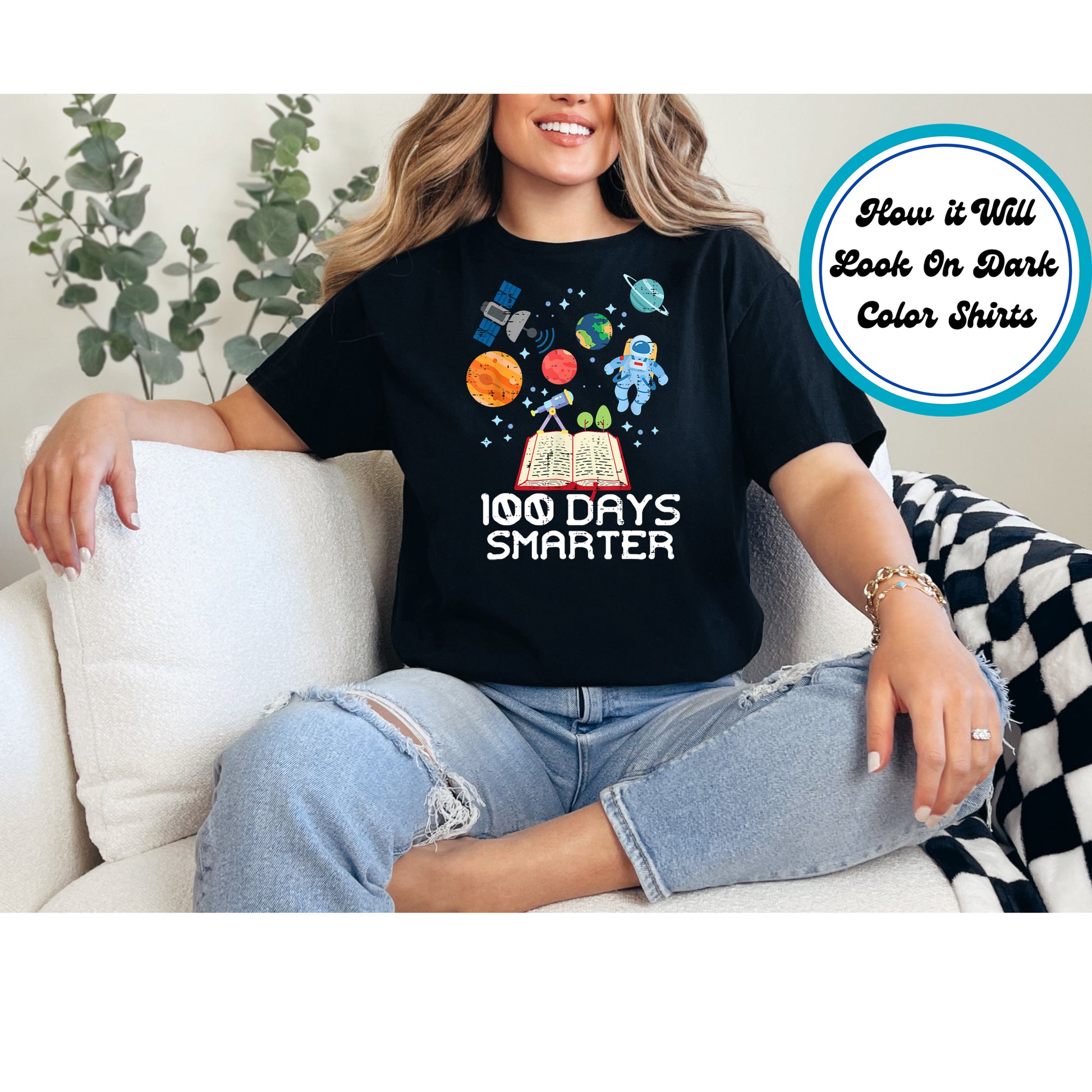 "100 Days Smarter" DTF transfer featuring planets, an astronaut, a telescope, and an open book.