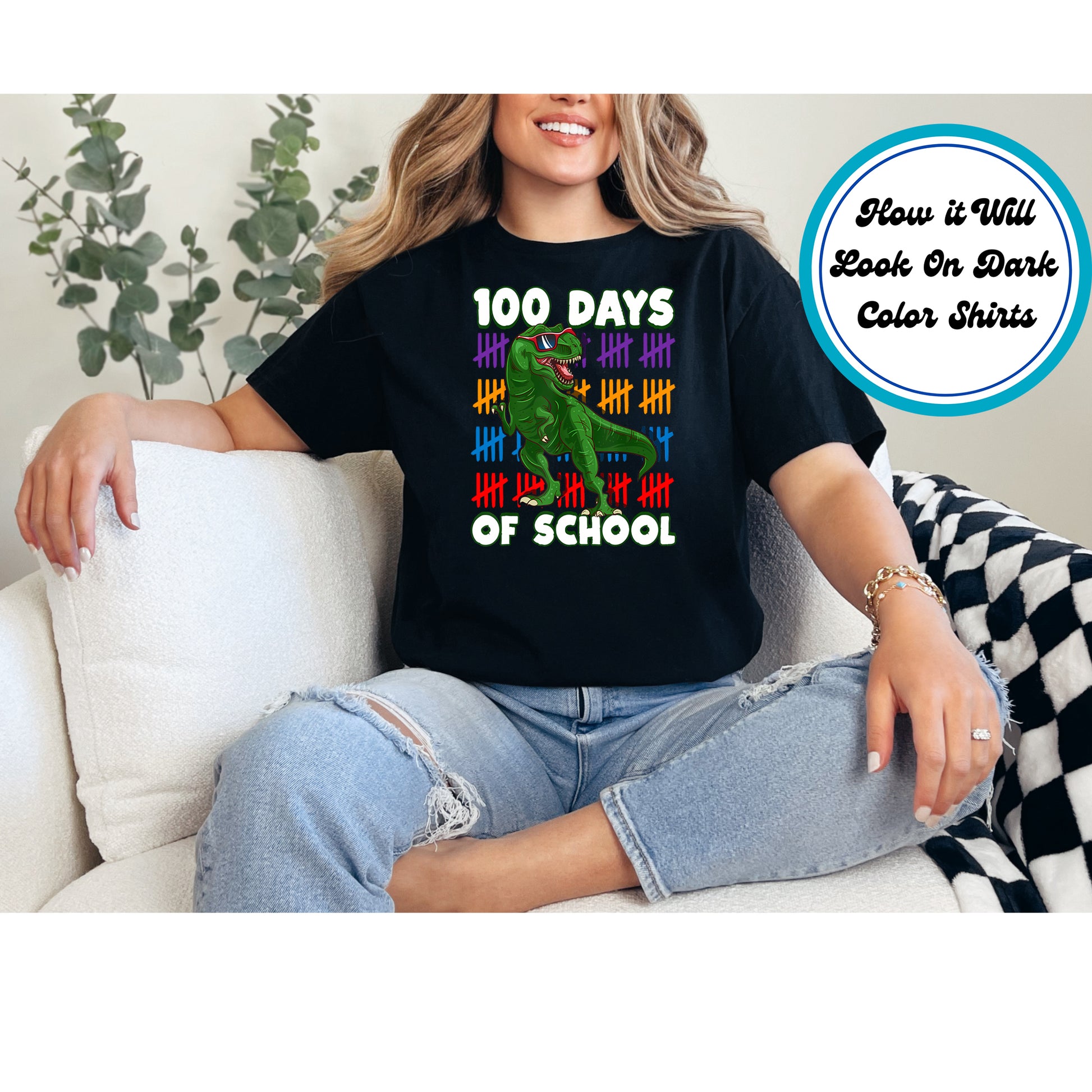 "100 Days of School" DTF transfer with a T-Rex wearing sunglasses and colorful tally marks.