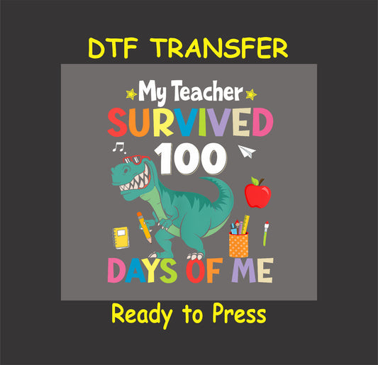 "100 Days of School" DTF transfer featuring a pencil with a checkered bow and glittery colorful text.