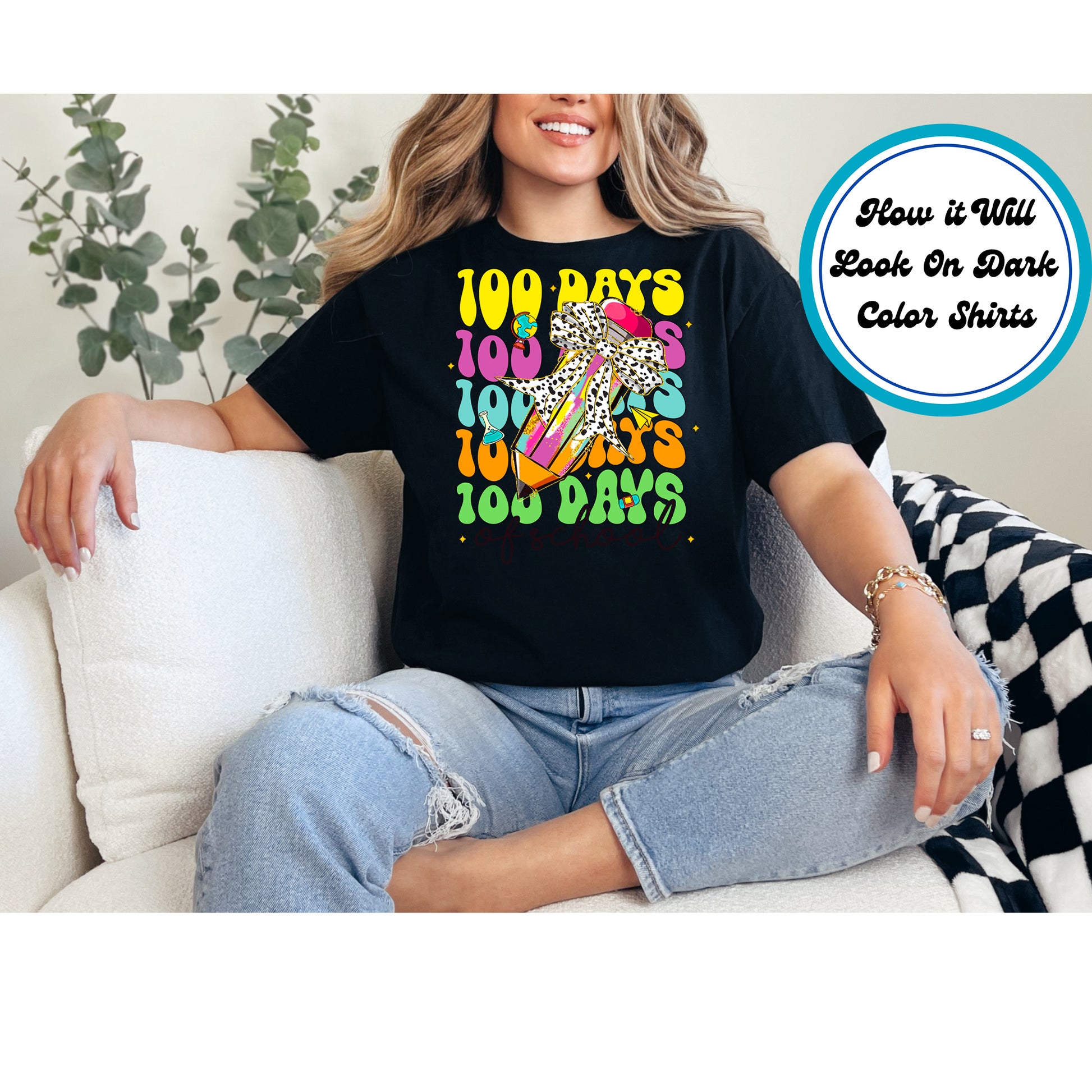 "100 Days of School" DTF transfer with a colorful pencil, leopard bow, and bold lettering.