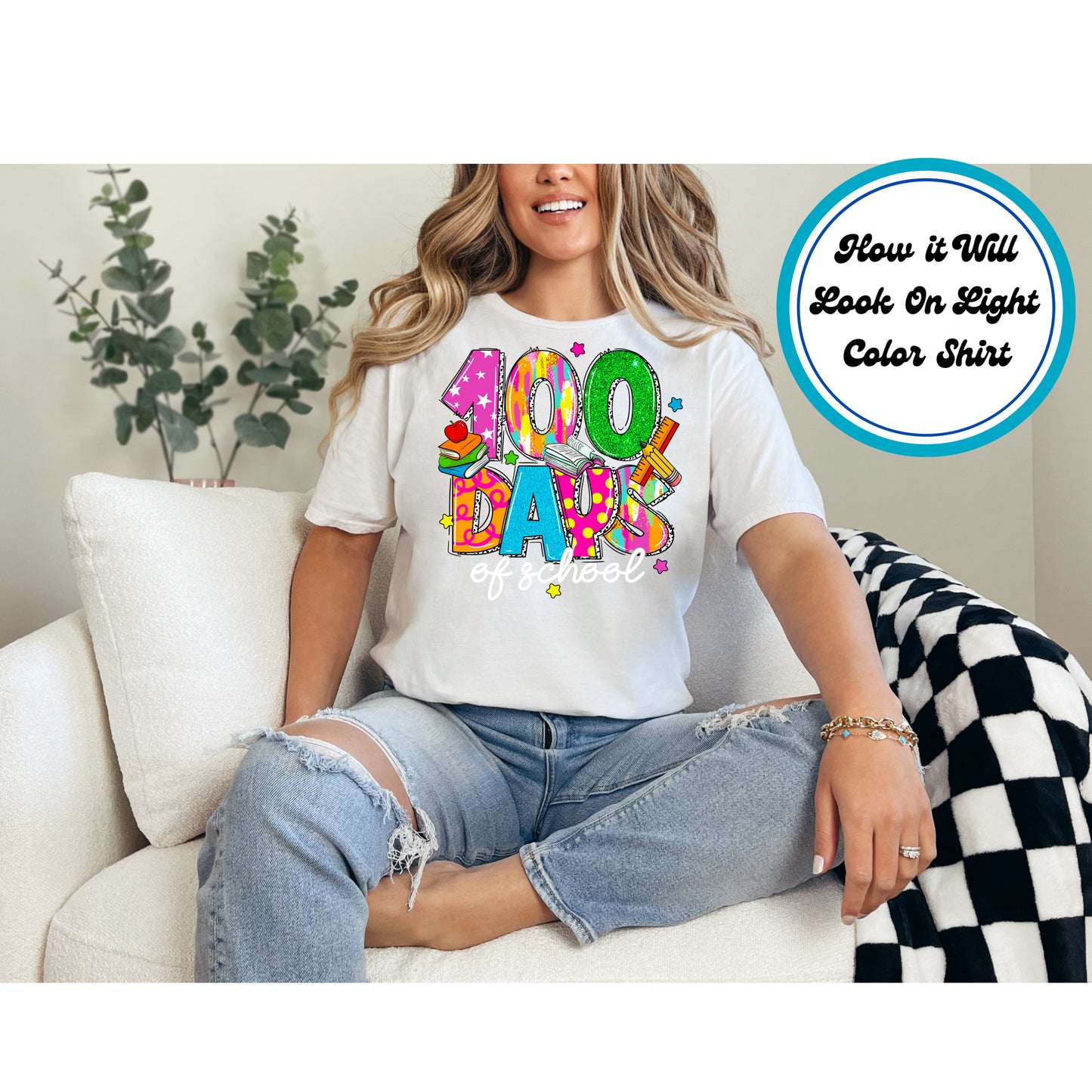 "100 Days of School" DTF transfer with glittery numbers, books, a pencil, and colorful patterns.