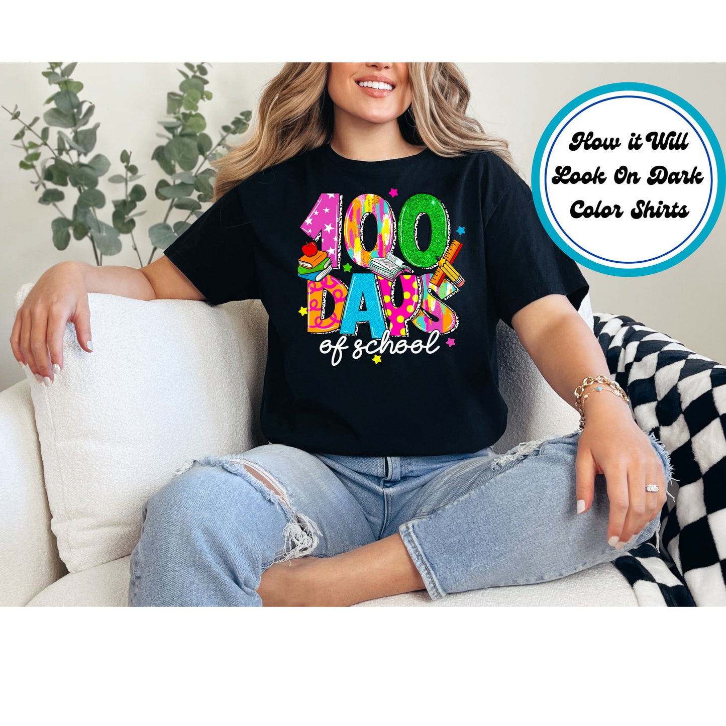 "100 Days of School" DTF transfer with glittery numbers, books, a pencil, and colorful patterns.