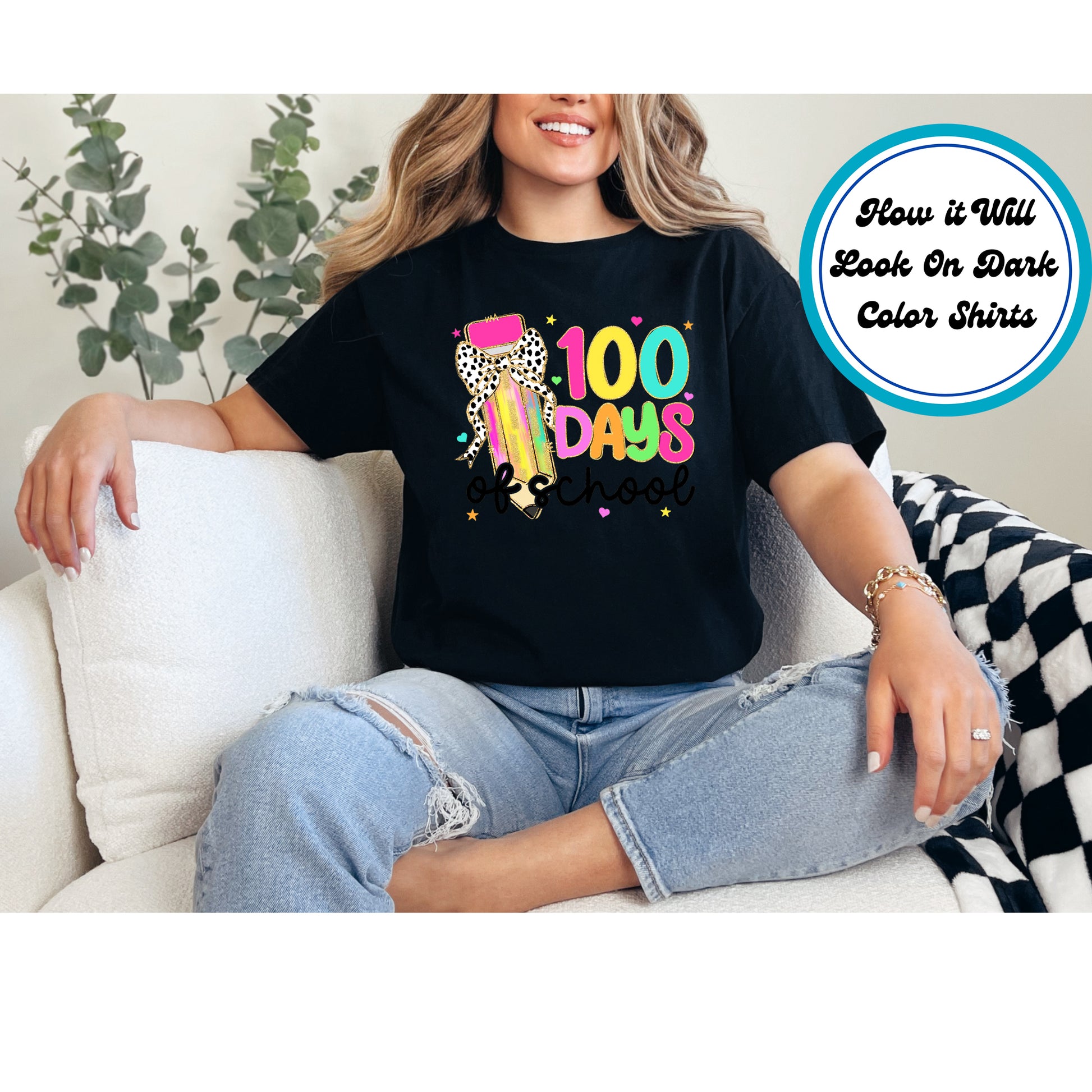 "100 Days of School" DTF transfer featuring a colorful pencil, leopard print bow, and vibrant lettering.