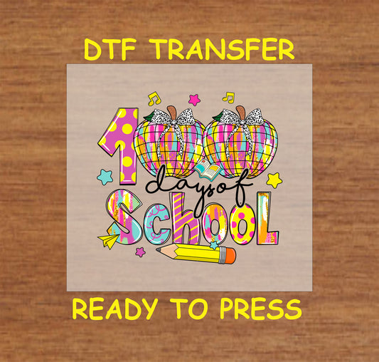 "100 Days of School" DTF transfer with plaid pumpkins, a pencil, and colorful school-themed accents.