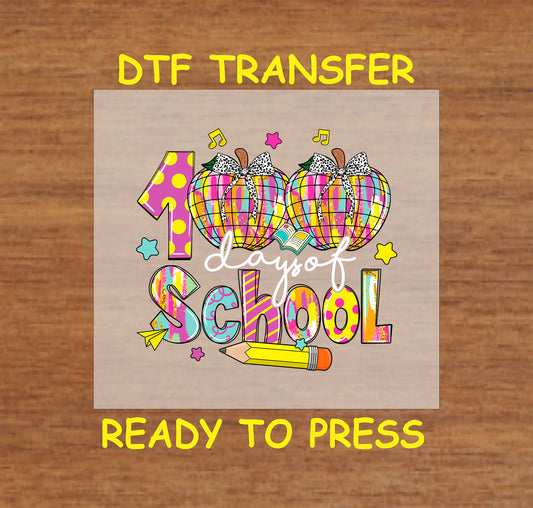 "100 Days of School" DTF transfer with plaid pumpkins, colorful text, and school supplies.