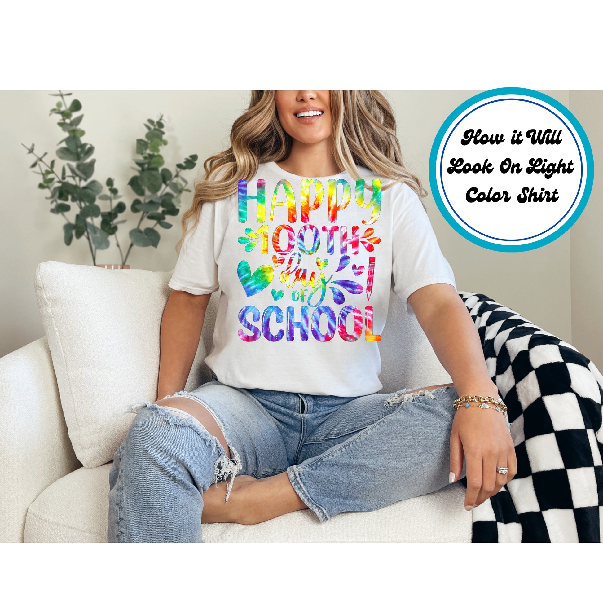 "Happy 100th Day of School" DTF transfer with rainbow text, hearts, and playful splashes.