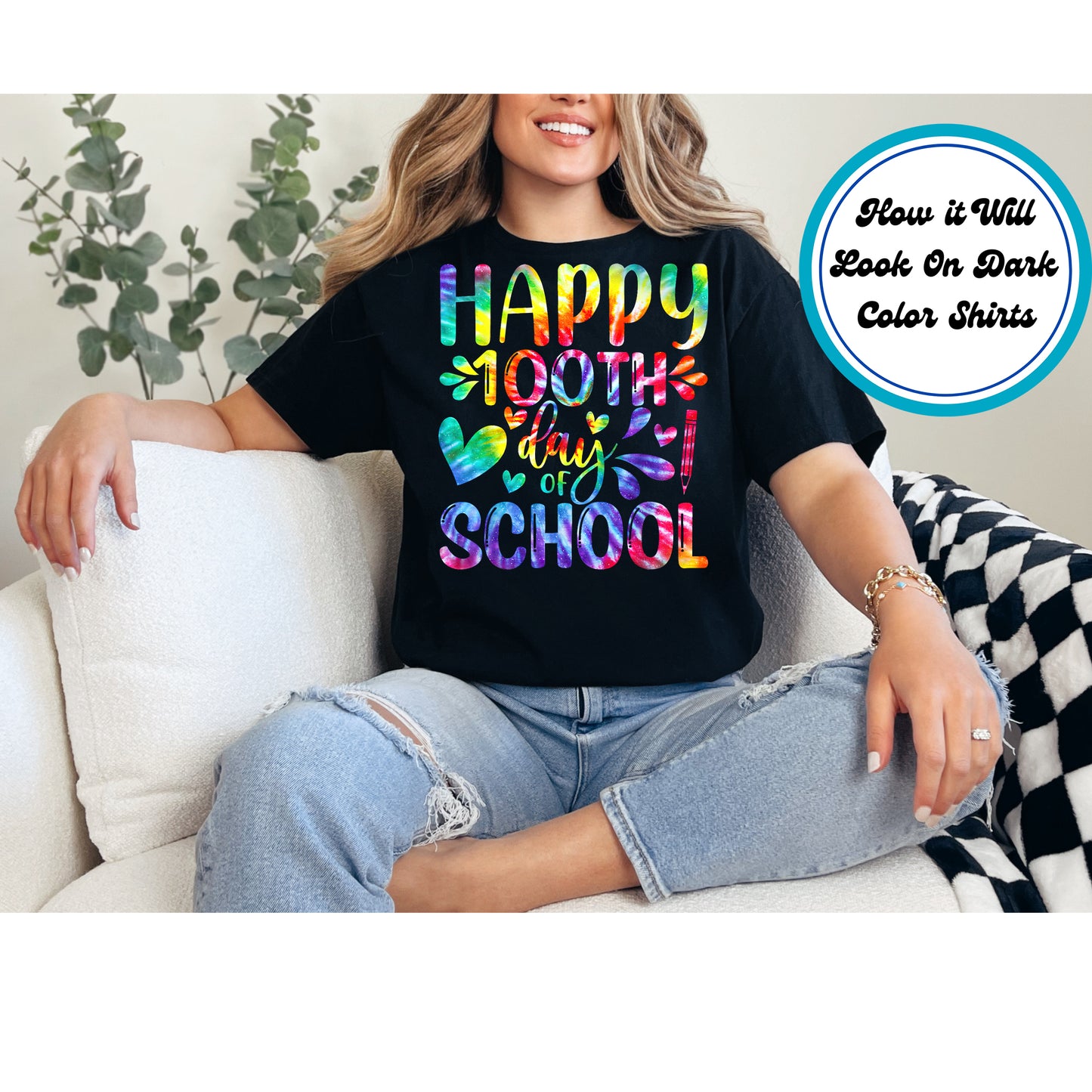 "Happy 100th Day of School" DTF transfer with rainbow text, hearts, and playful splashes.