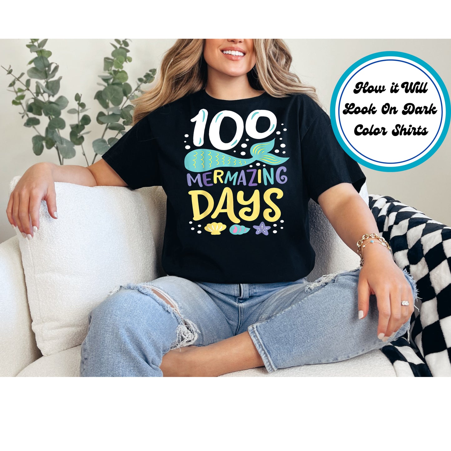 "100 Mermazing Days" DTF transfer featuring a mermaid tail, seashells, and aquatic-themed text.