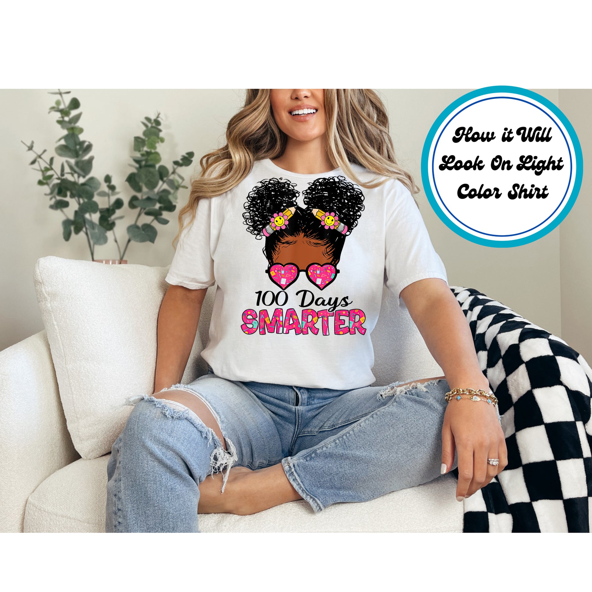 "100 Days Smarter" DTF transfer featuring a girl with Afro Puffs, smiley face hair ties, heart glasses, and vibrant text.