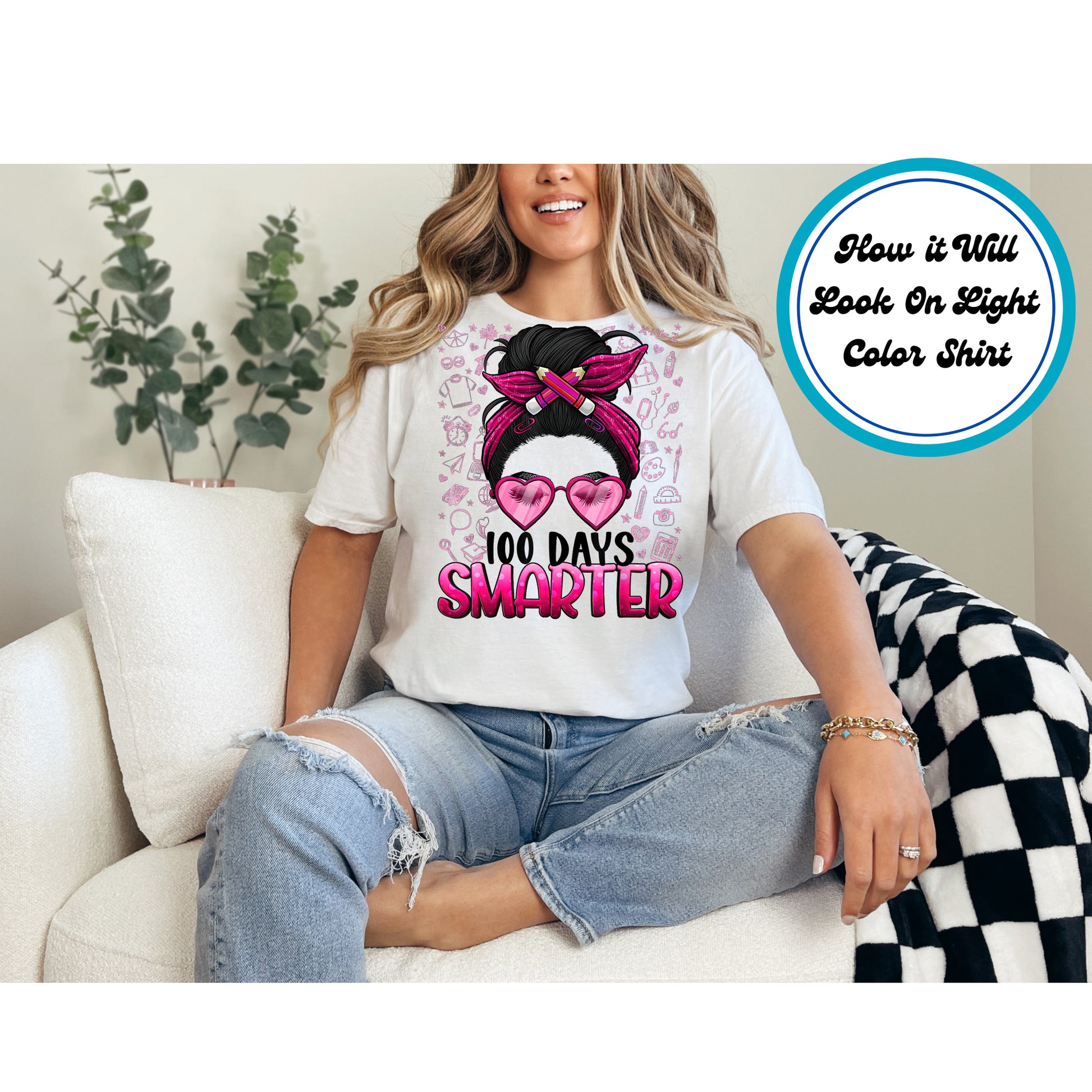 "100 Days Smarter" DTF transfer with a bandana hairstyle, pencils, heart glasses, and educational doodles in the background.