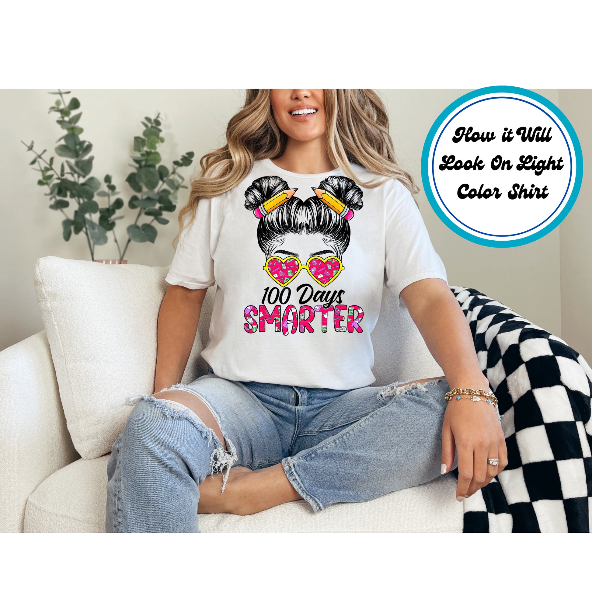 "100 Days Smarter" DTF transfer with double buns, pencil hair accessories, and pink heart-shaped glasses featuring school-themed elements.