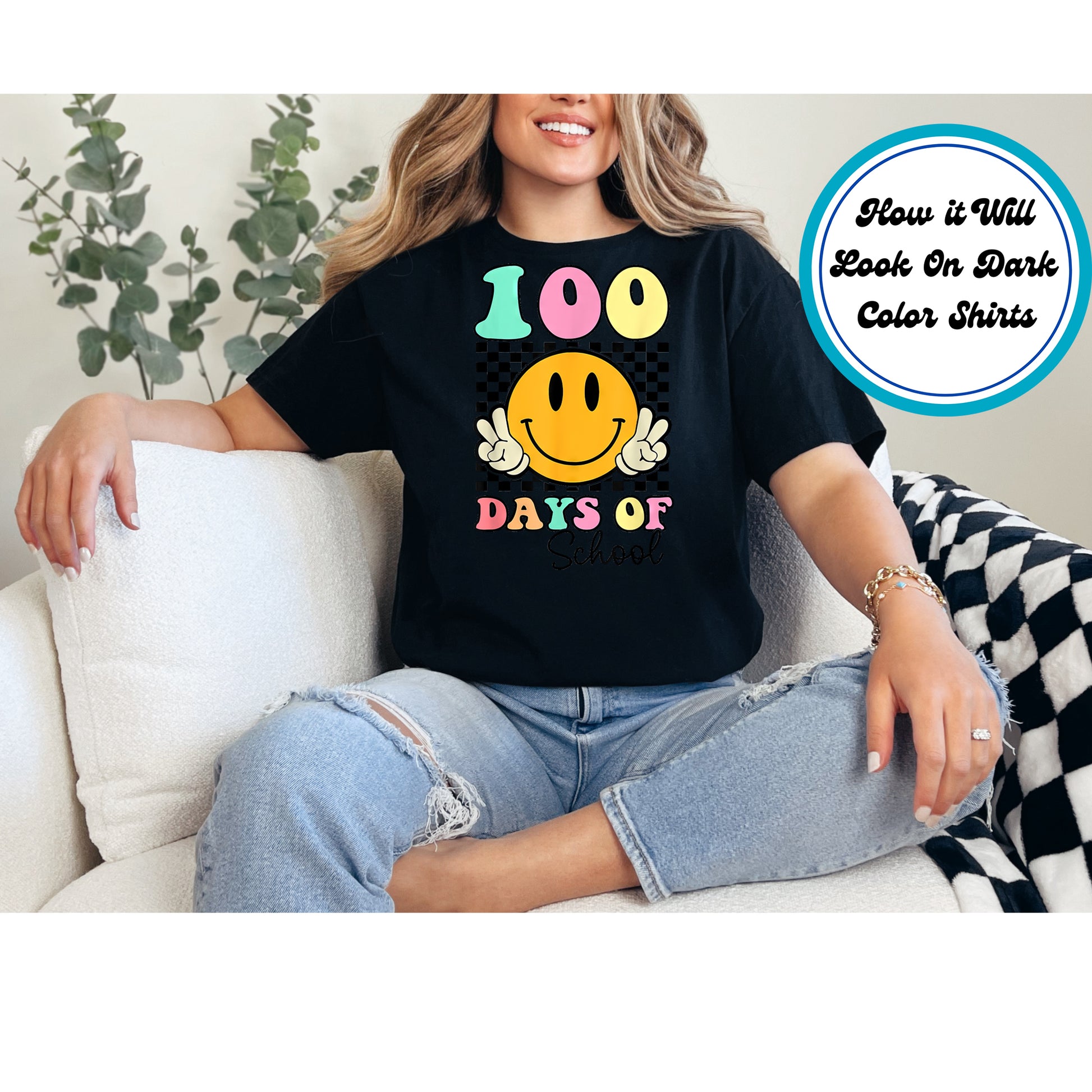 "100 Days of School" DTF transfer featuring a yellow smiley face, retro checkerboard background, and colorful text.