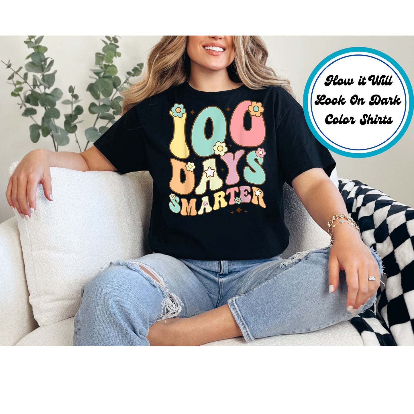 Groovy pastel "100 Days Smarter" DTF transfer with floral accents and retro font.