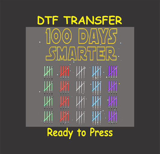 "100 Days Smarter" DTF transfer with colorful and galactic-inspired design.