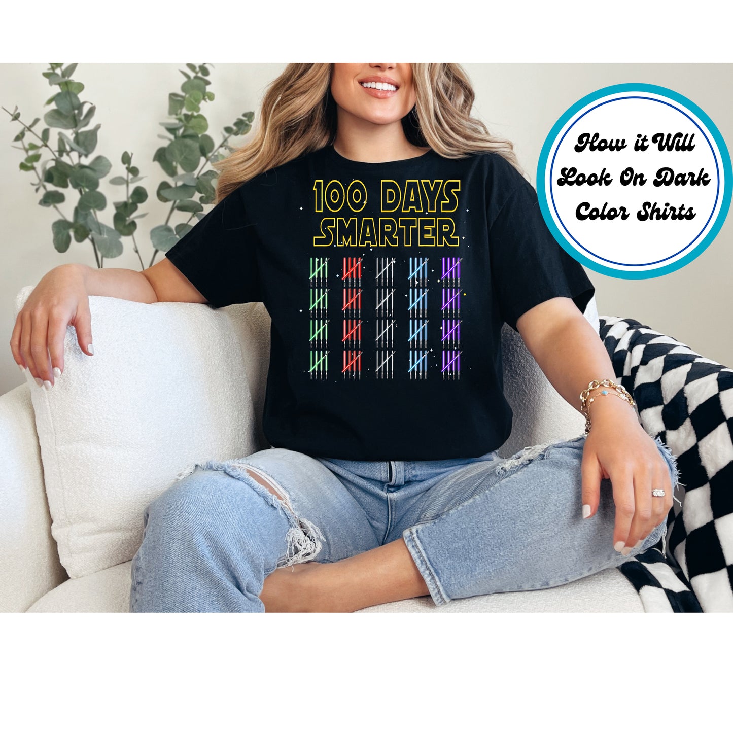 "100 Days Smarter" DTF transfer with colorful and galactic-inspired design.