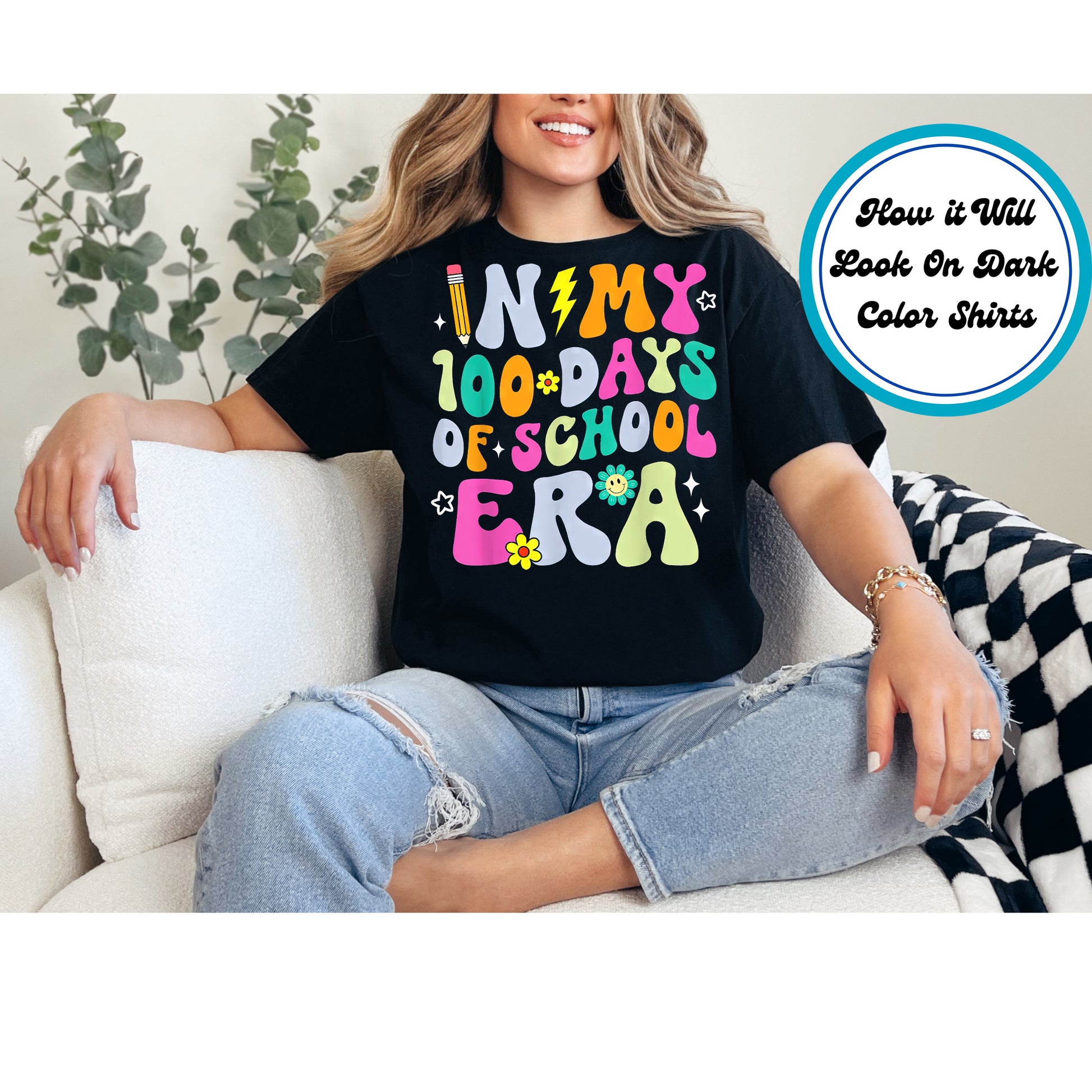 "In My 100 Days of School Era" DTF transfer with colorful letters, flowers, and fun school-themed elements.