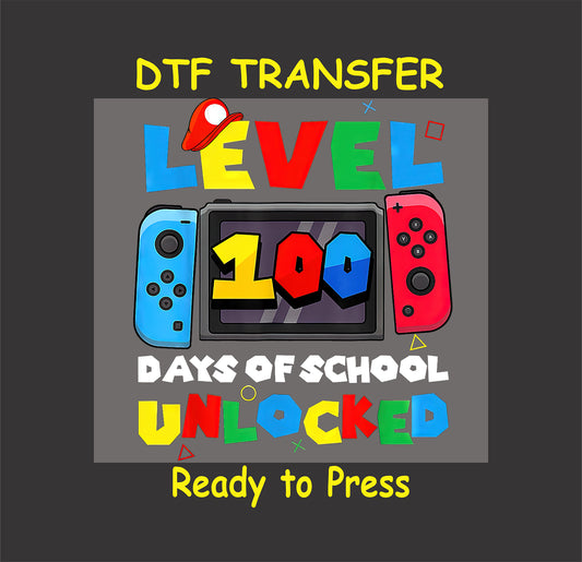 Gaming-themed "100 Days of School Level Unlocked" design featuring a game controller and bold text.
