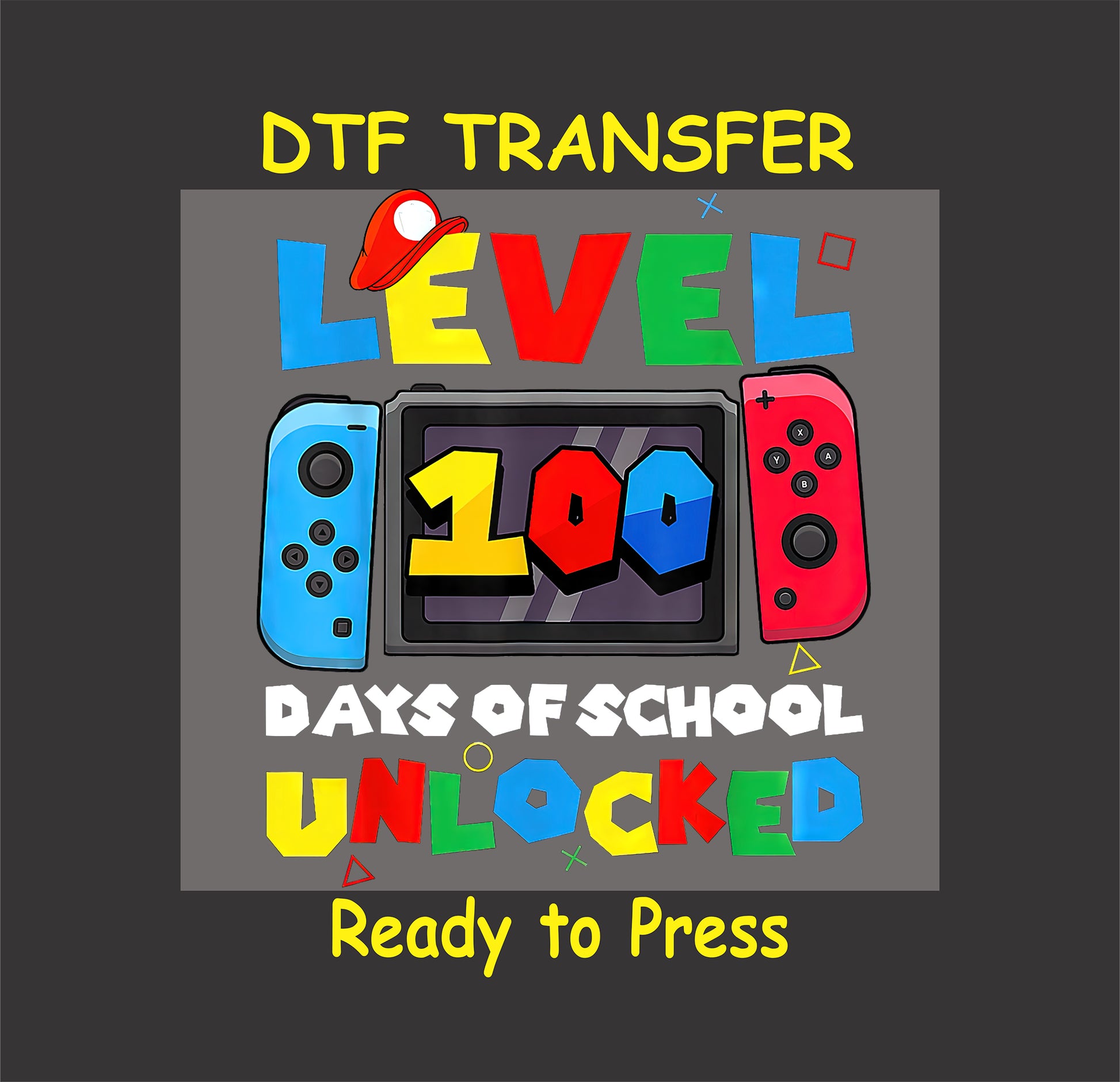 Gaming-themed "100 Days of School Level Unlocked" design featuring a game controller and bold text.
