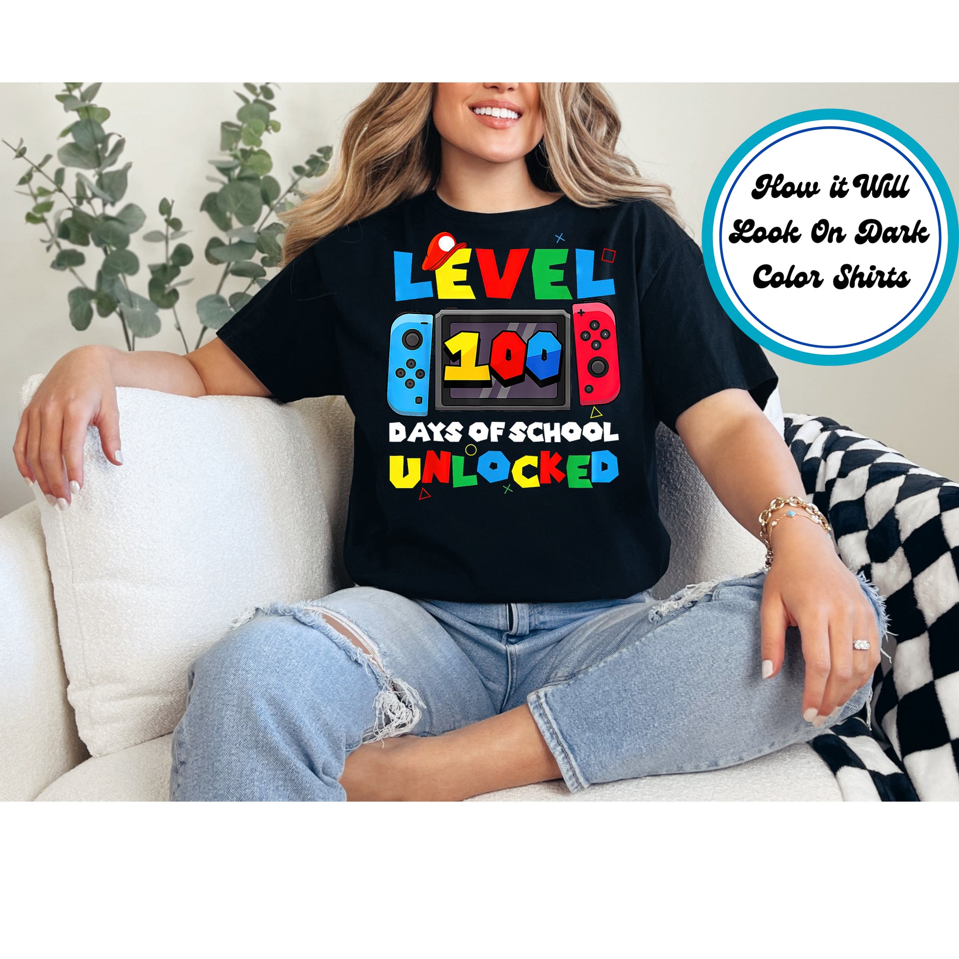 Gaming-themed "100 Days of School Level Unlocked" design featuring a game controller and bold text.