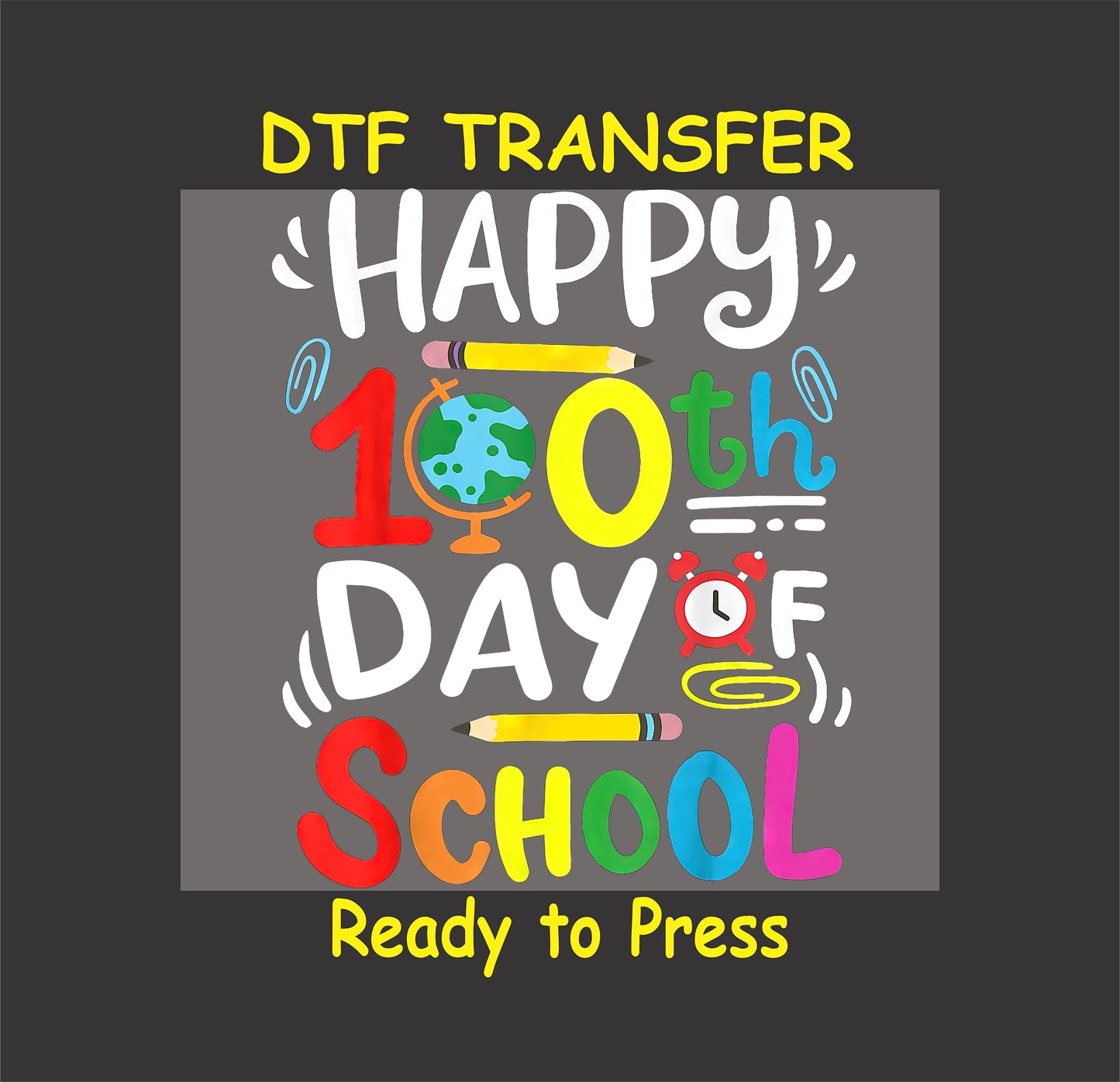 Happy 100th Day of School design with colorful school elements.