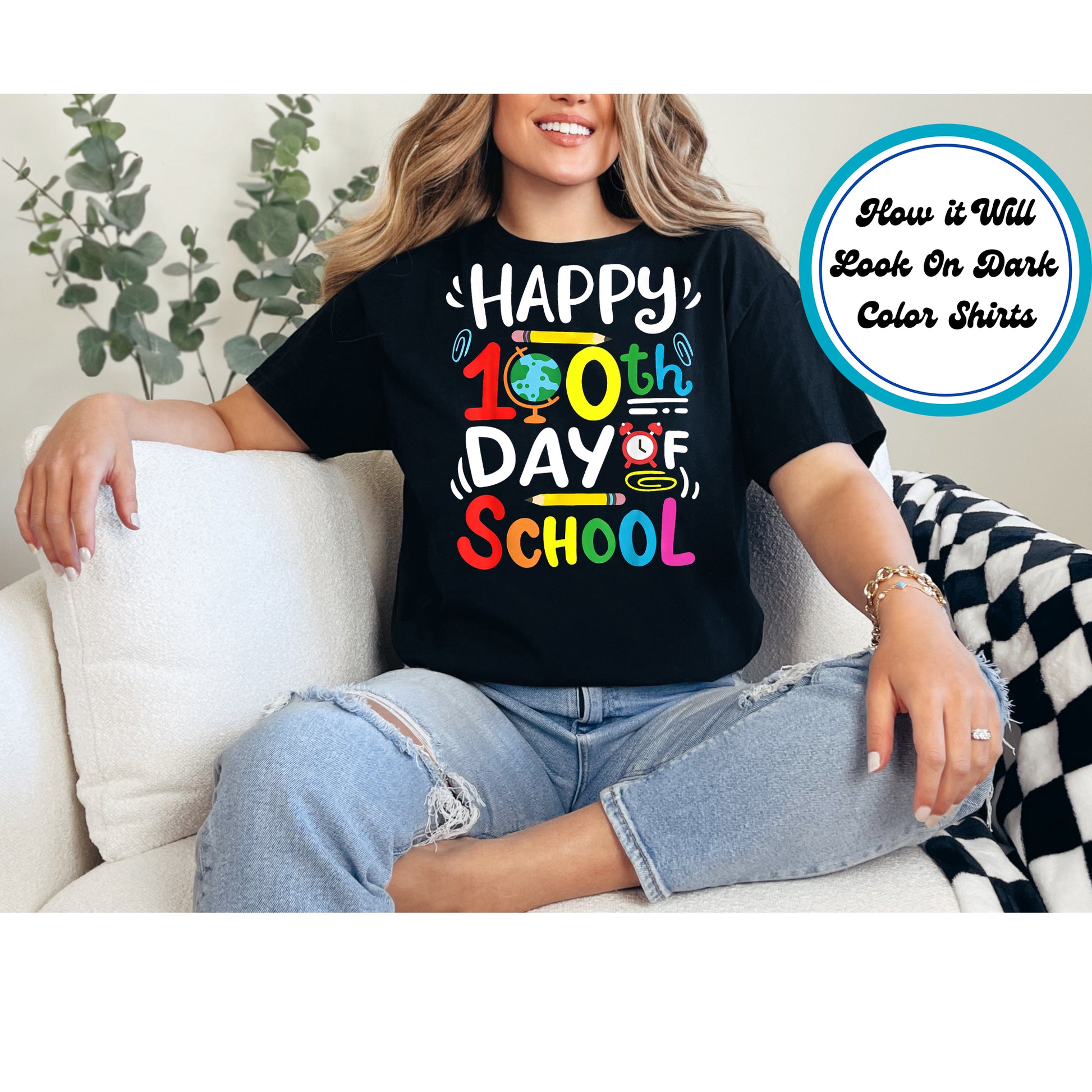 Happy 100th Day of School design with colorful school elements.
