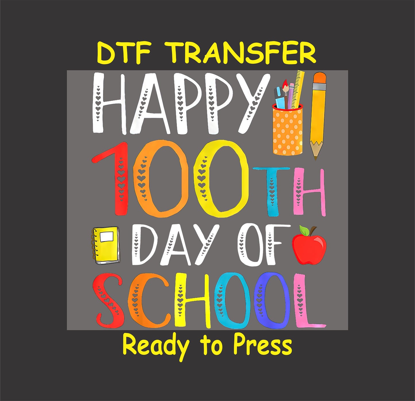 Happy 100th Day of School rainbow design with school supplies.