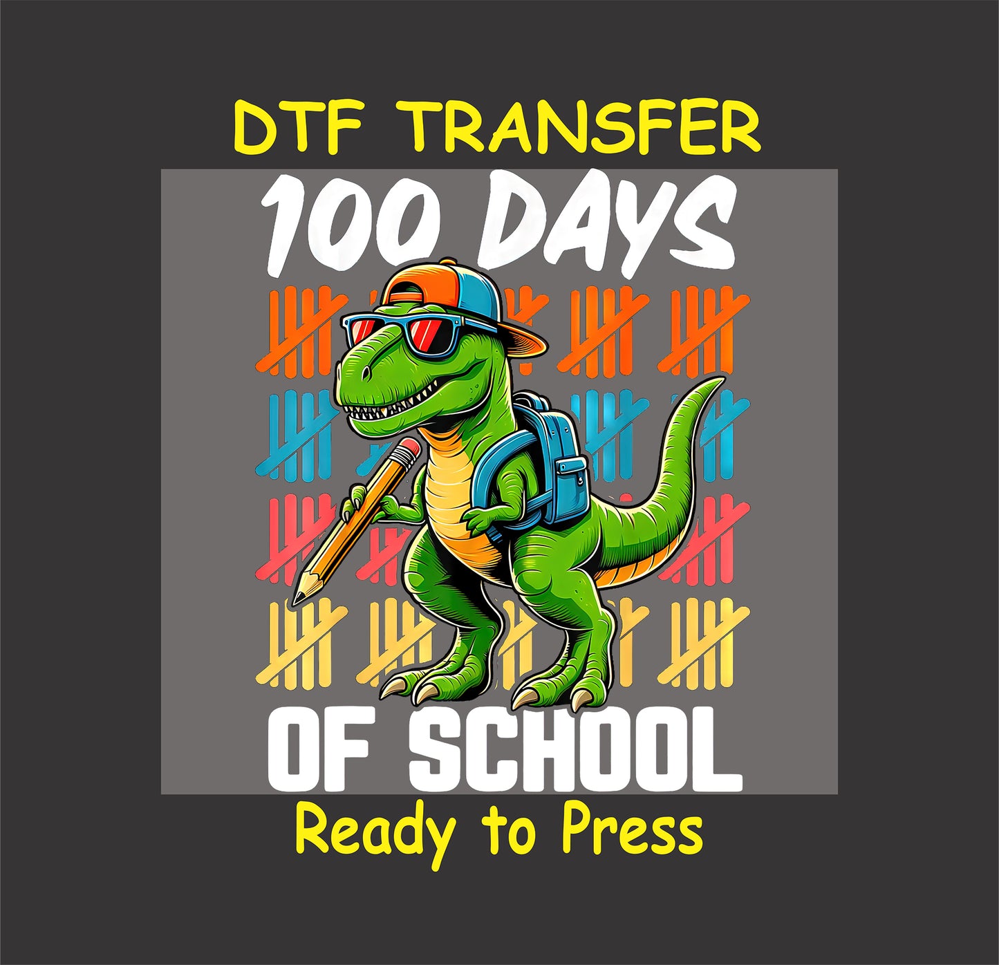 Cool T-Rex dinosaur with backpack, sunglasses, and pencil, celebrating 100 days of school.