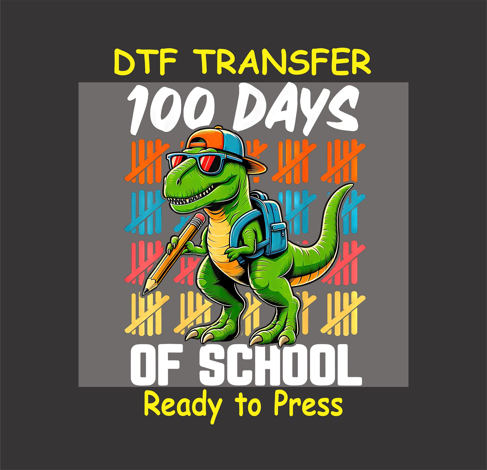 Cool T-Rex dinosaur with backpack, sunglasses, and pencil, celebrating 100 days of school.