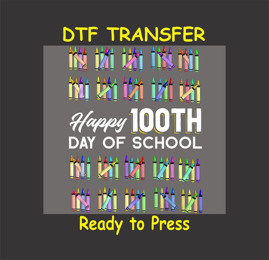 Crayon-themed 100th day of school design with colorful crayons forming tally marks and bold text.