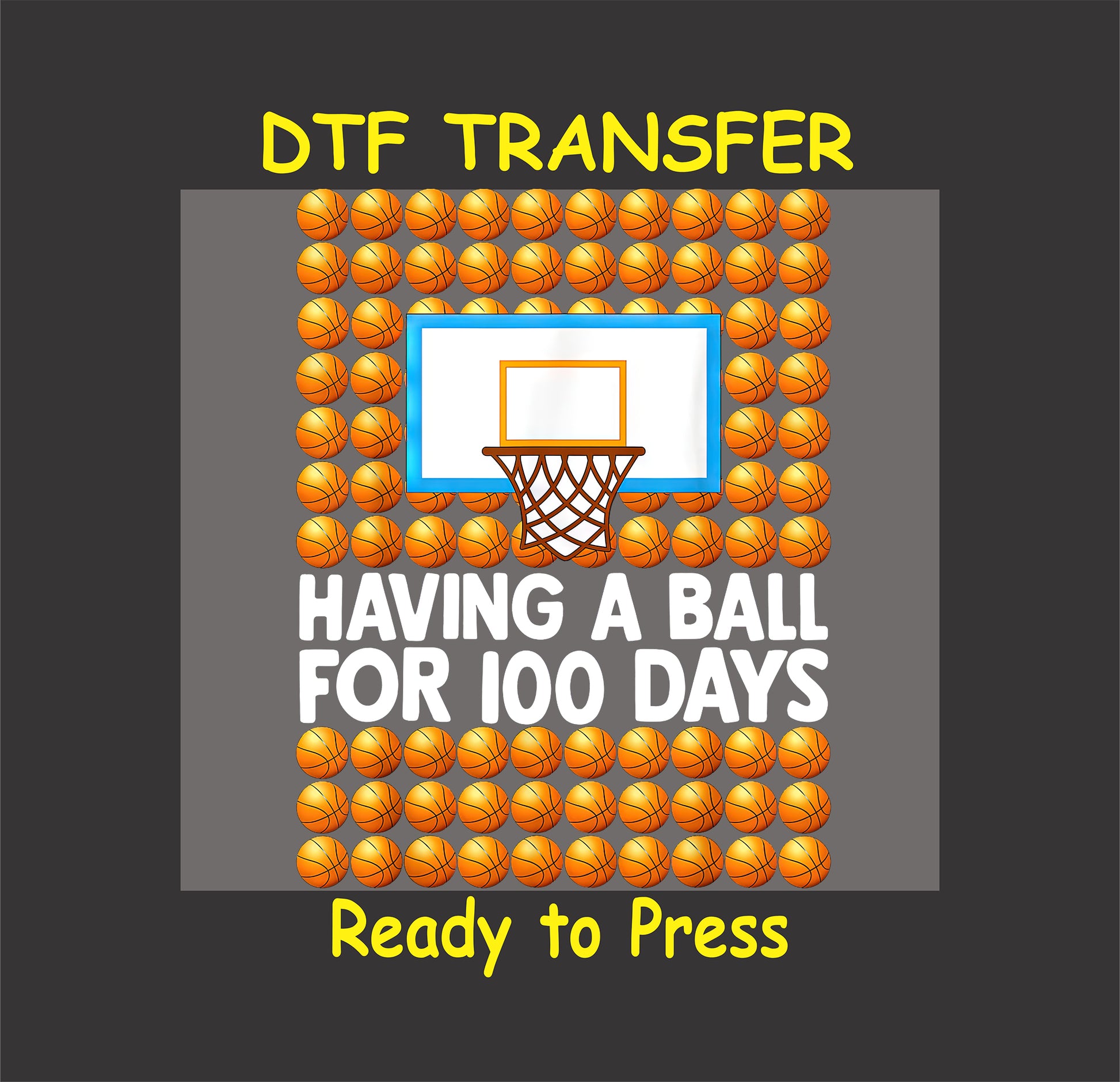 Basketball-themed 100 days of school design with a hoop and basketballs.