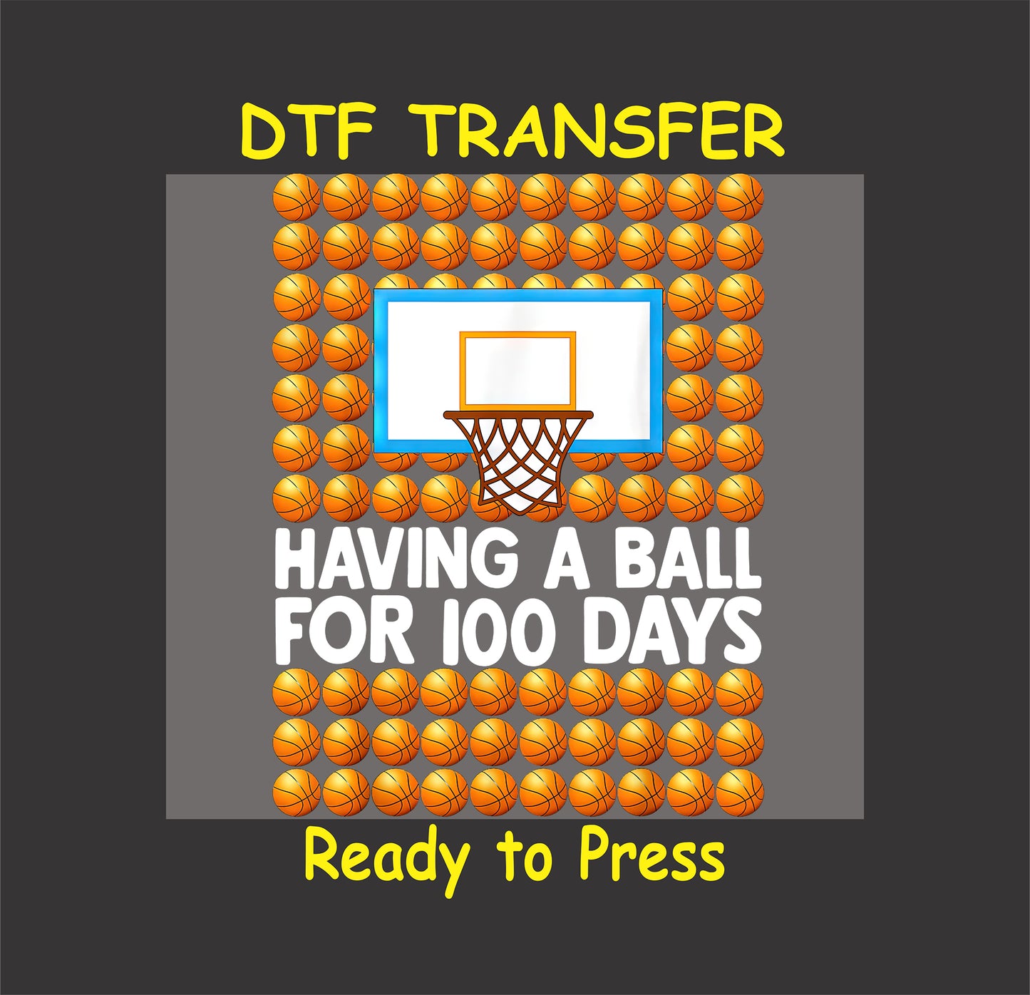 Basketball-themed 100 days of school design with a hoop and basketballs.